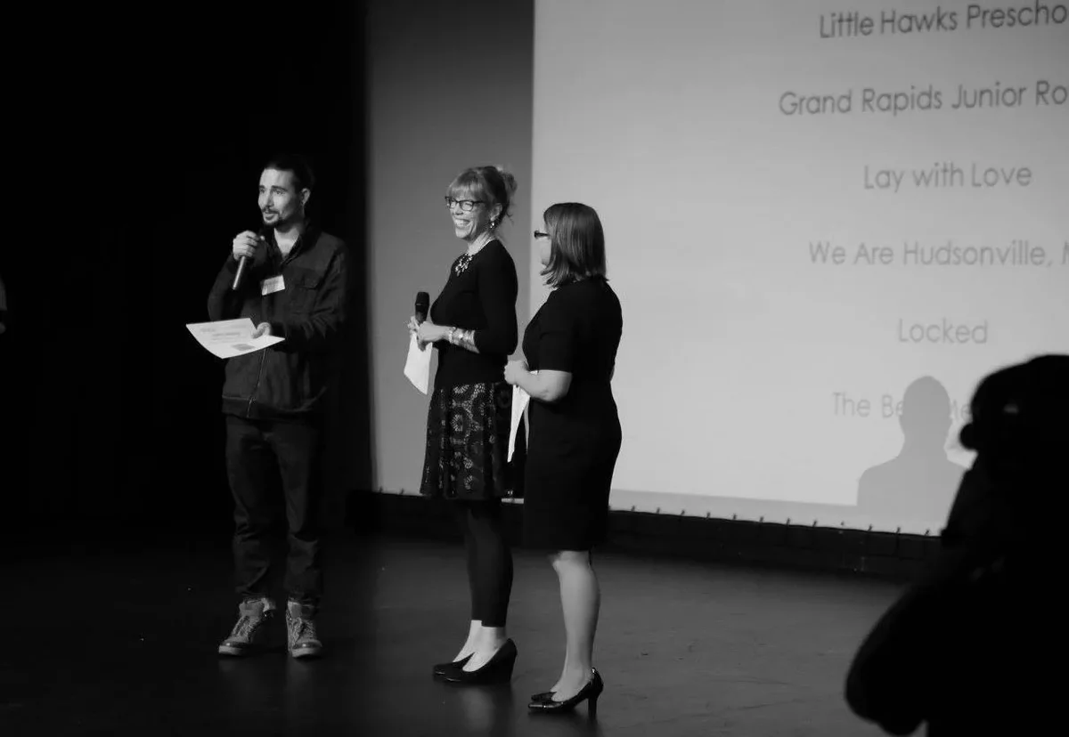 Nick Gascho on stage at a Michigan film festival screening