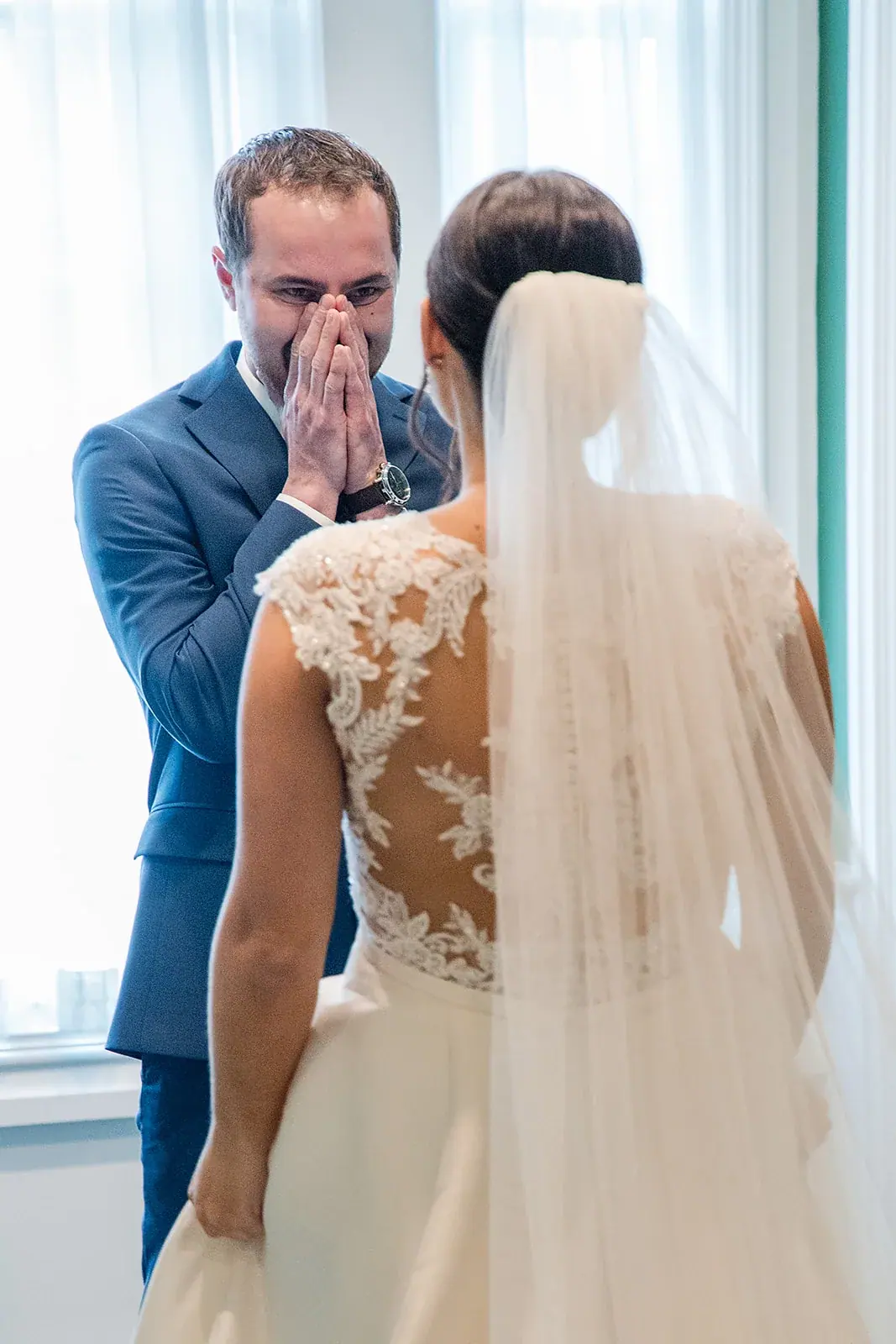Groom's emotional first-look reaction to his bride at the Grand Hotel on Mackinac Island