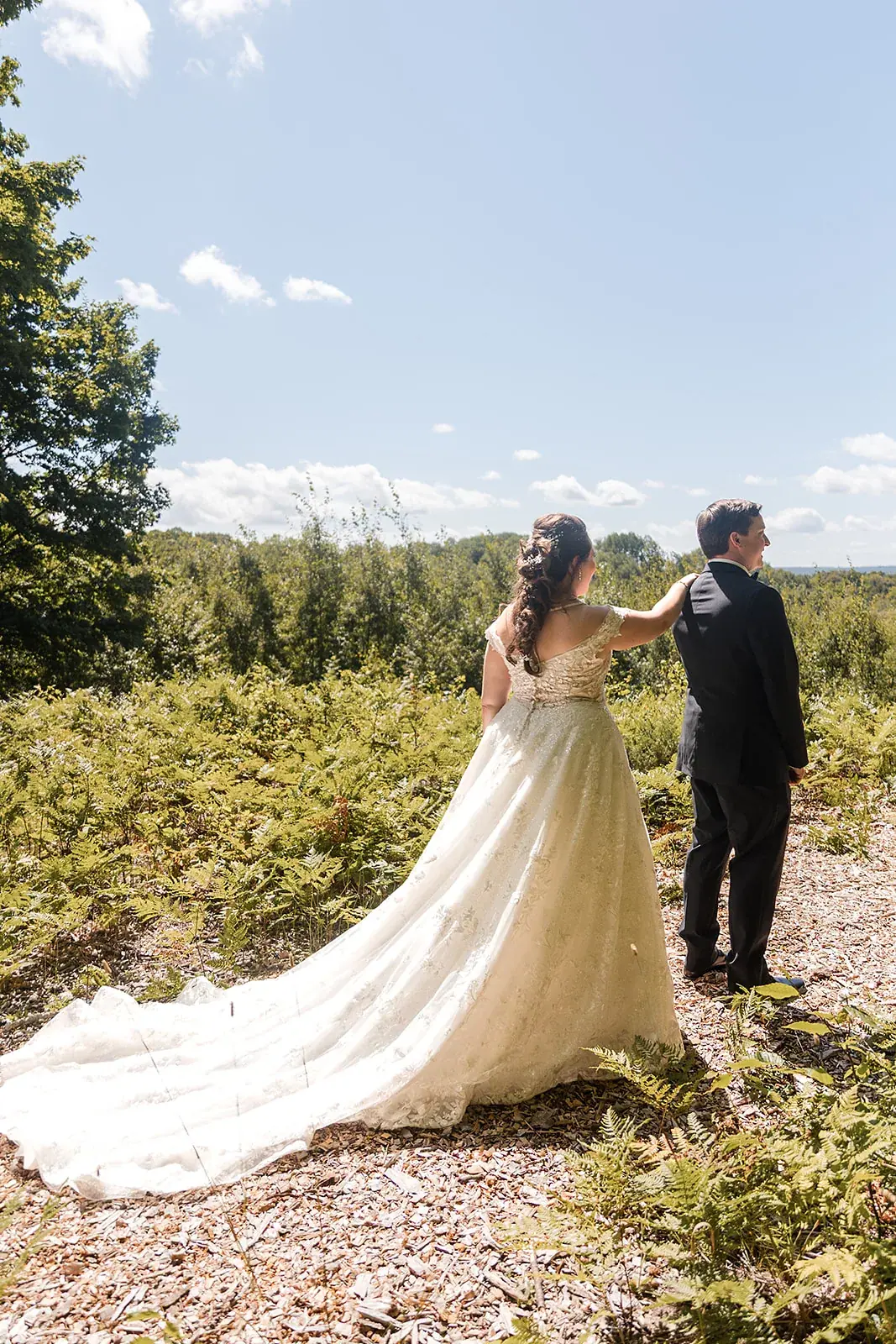 Bride and groom field veil — Amelia & Howard's wedding at Sunset Hill Wedding Barn, Central Lake