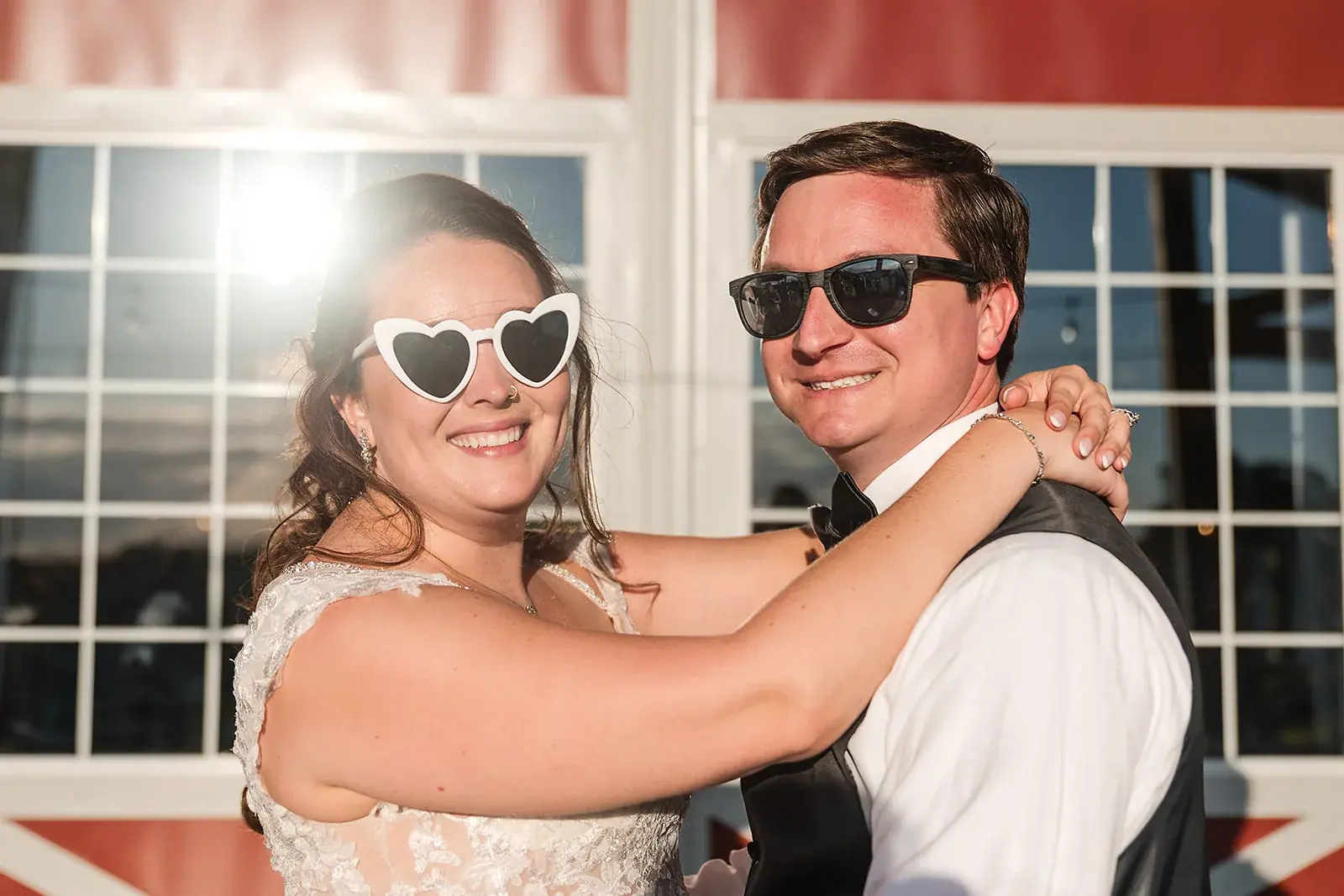 Bride and groom sunglasses dancing — Amelia & Howard's wedding at Sunset Hill Wedding Barn, Central Lake