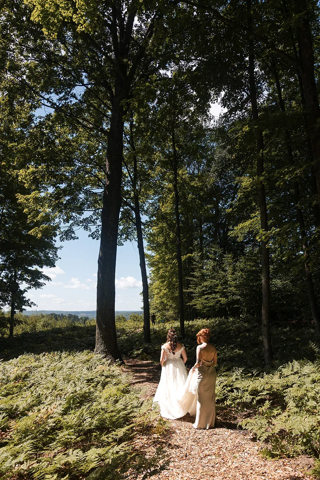 Bride and groom under tall trees — Amelia & Howard's wedding at Sunset Hill Wedding Barn, Central Lake