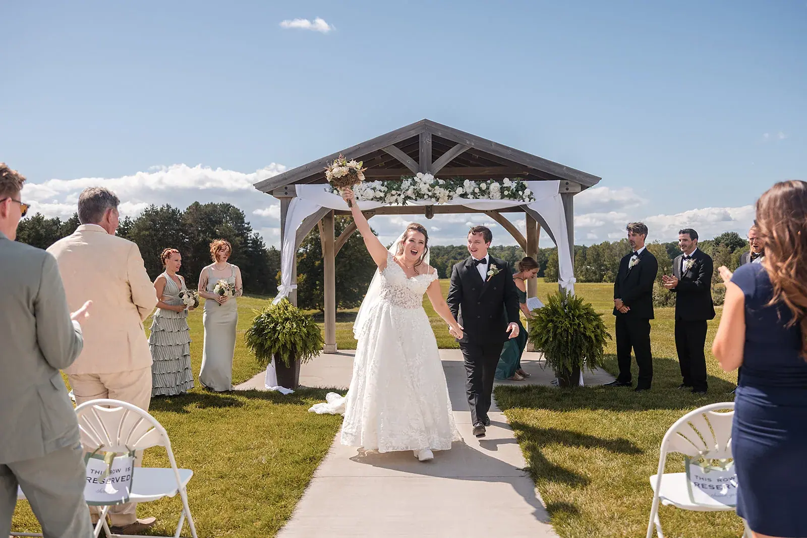 Bride processional gazebo ceremony — Amelia & Howard's wedding at Sunset Hill Wedding Barn, Central Lake