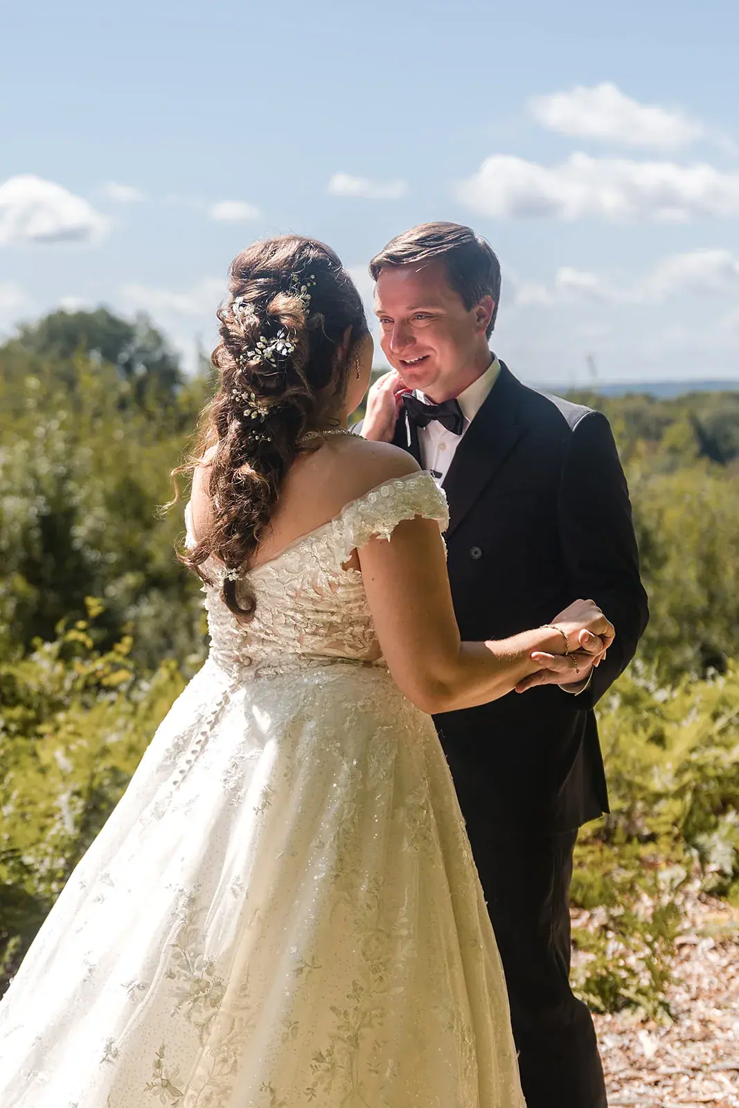 First look bride and groom smiling — Amelia & Howard's wedding at Sunset Hill Wedding Barn, Central Lake