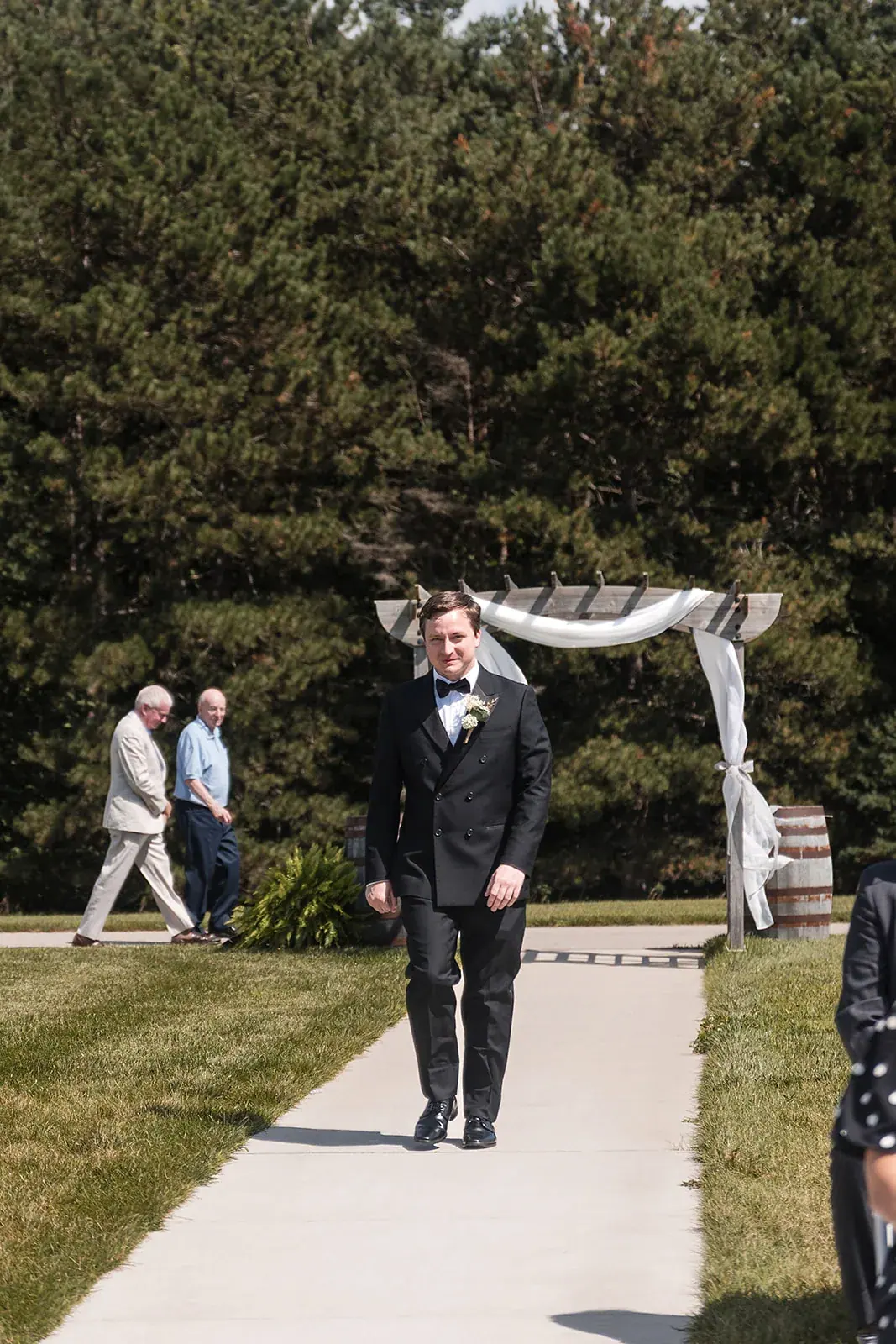 Groom waiting at pergola — Amelia & Howard's wedding at Sunset Hill Wedding Barn, Central Lake