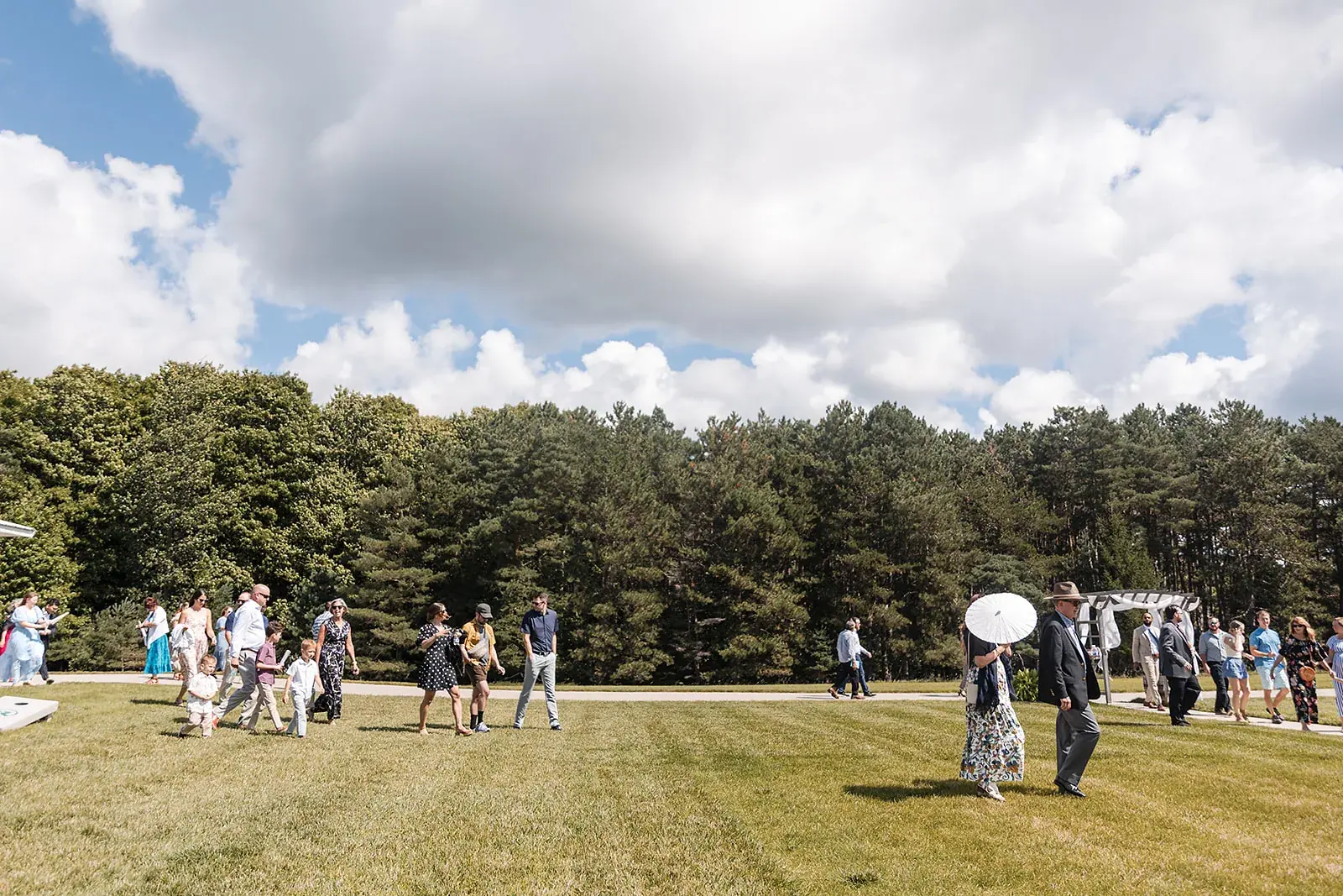 Guests on lawn wide — Amelia & Howard's wedding at Sunset Hill Wedding Barn, Central Lake