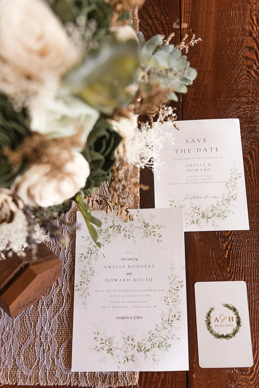 Wedding invitation suite flowers — Amelia & Howard's wedding at Sunset Hill Wedding Barn, Central Lake