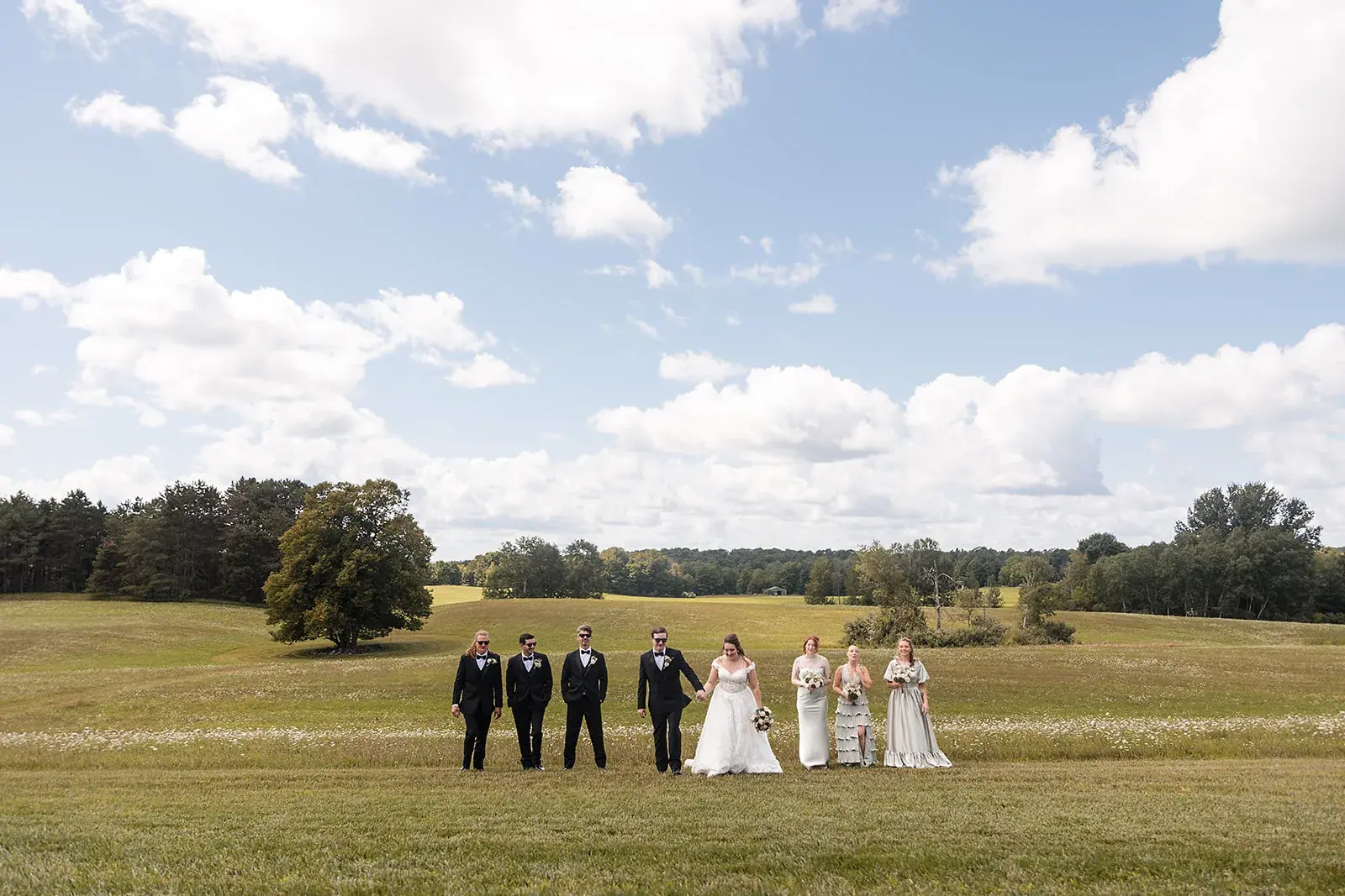 Wedding party walking field wide — Amelia & Howard's wedding at Sunset Hill Wedding Barn, Central Lake