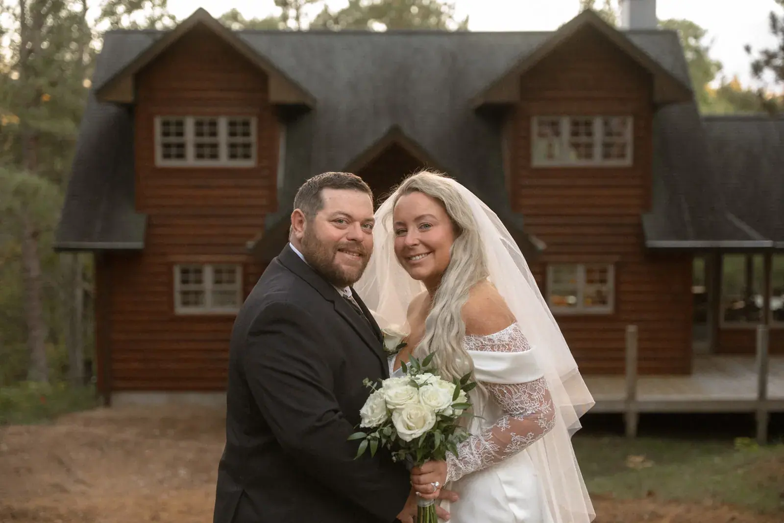 Bride and groom log home portrait — Ann & Brad's wedding at their log home in Vanderbilt