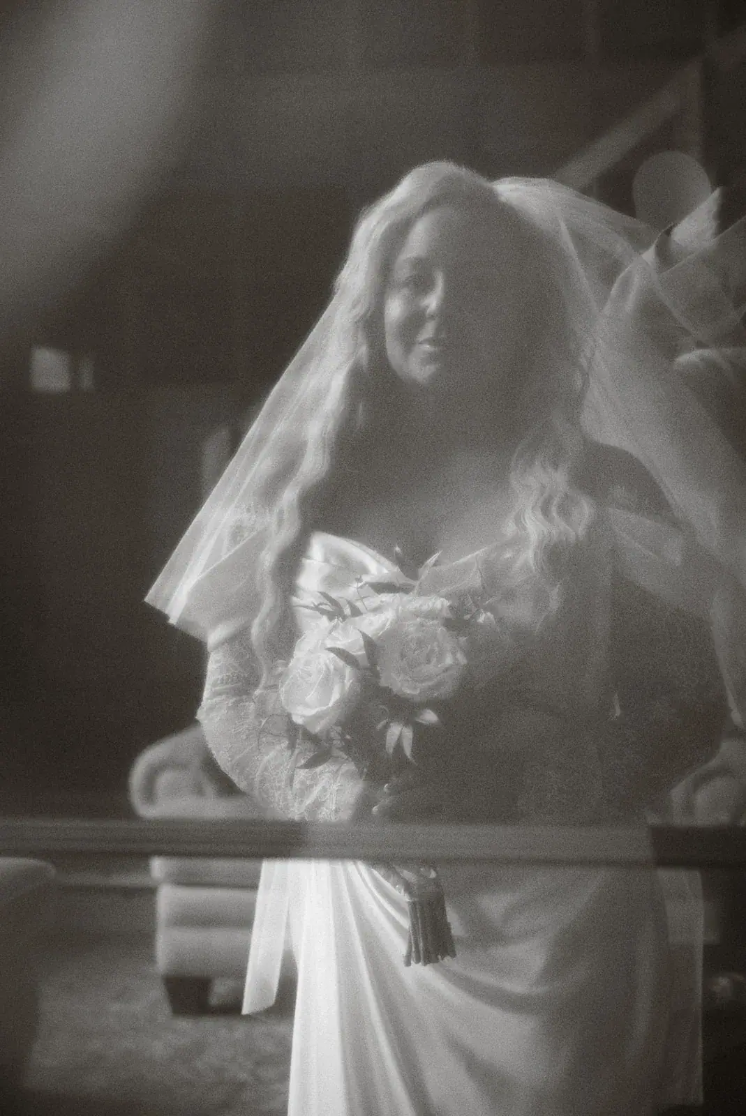 Bride veil in black and white — Ann & Brad's wedding at their log home in Vanderbilt