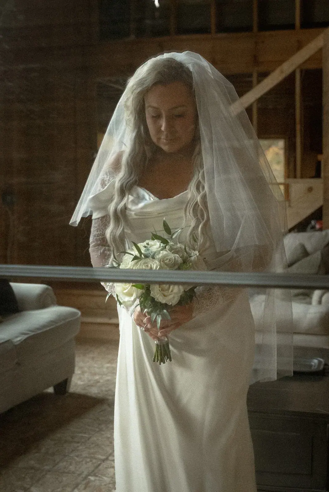 Bride veil bouquet portrait — Ann & Brad's wedding at their log home in Vanderbilt