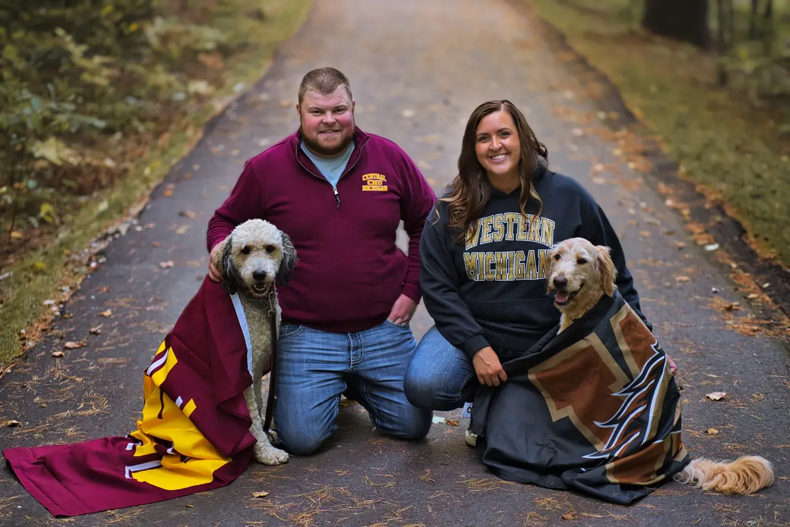Couple dogs college sweatshirts — Chelsea & Jake's engagement session at Aspen Park, Gaylord