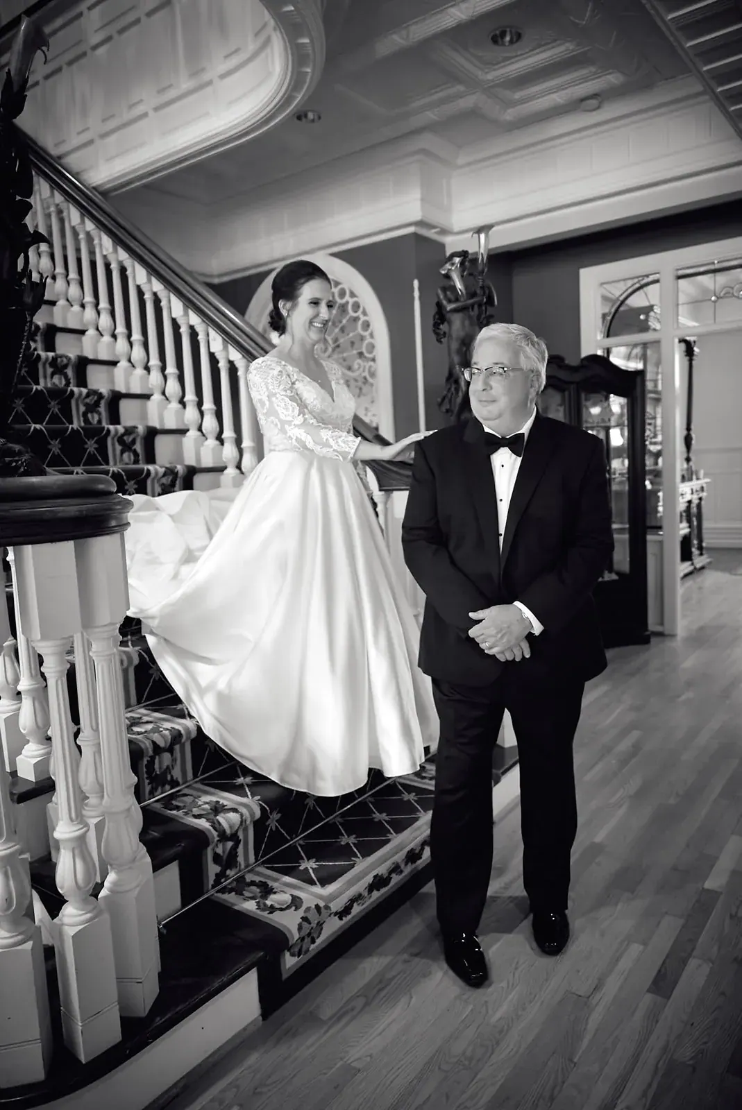Bride father staircase in black and white — Claire & Nick's wedding at Howe Marine, Indian River