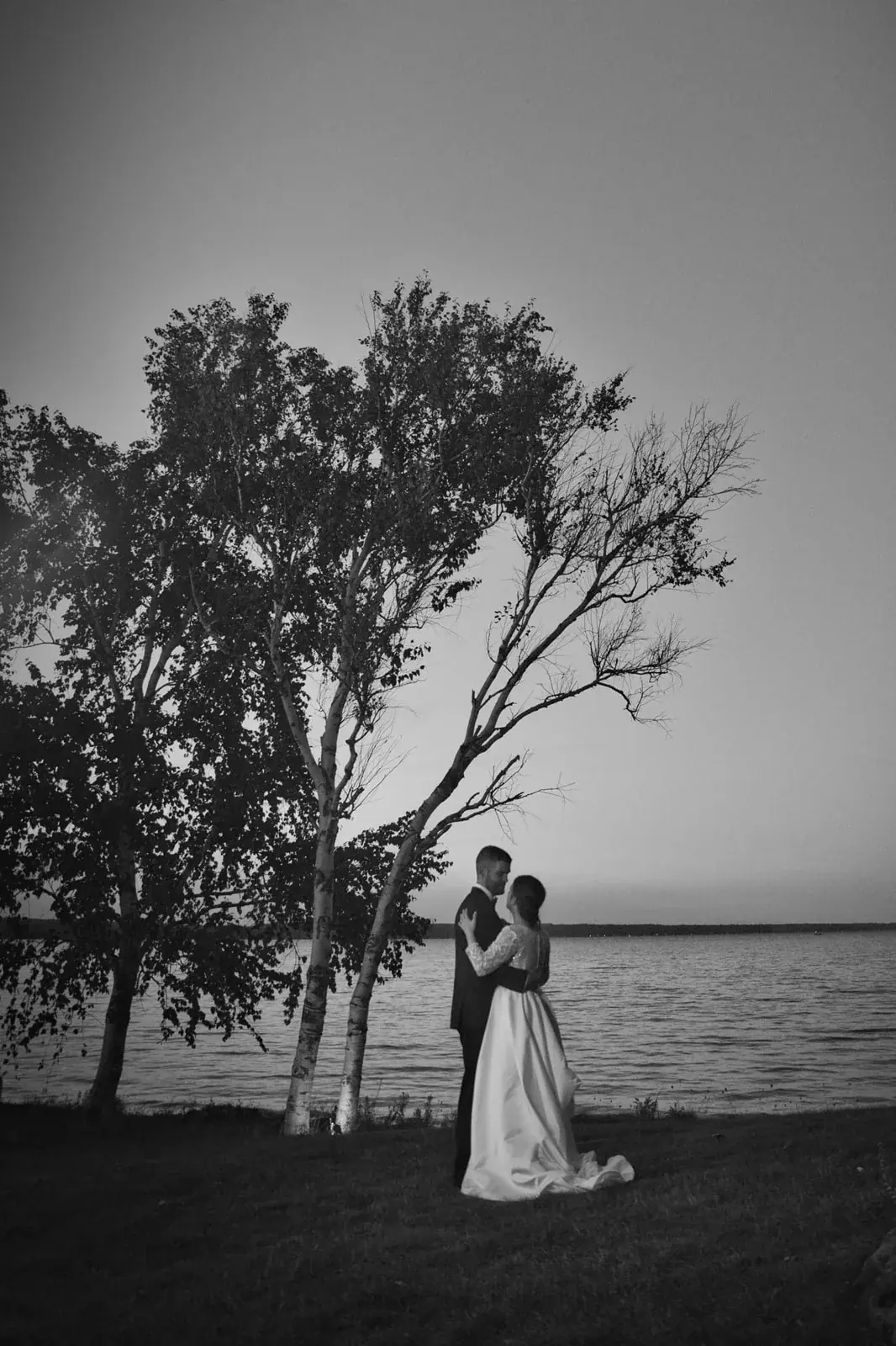 Bride and groom lake tree in black and white — Claire & Nick's wedding at Howe Marine, Indian River
