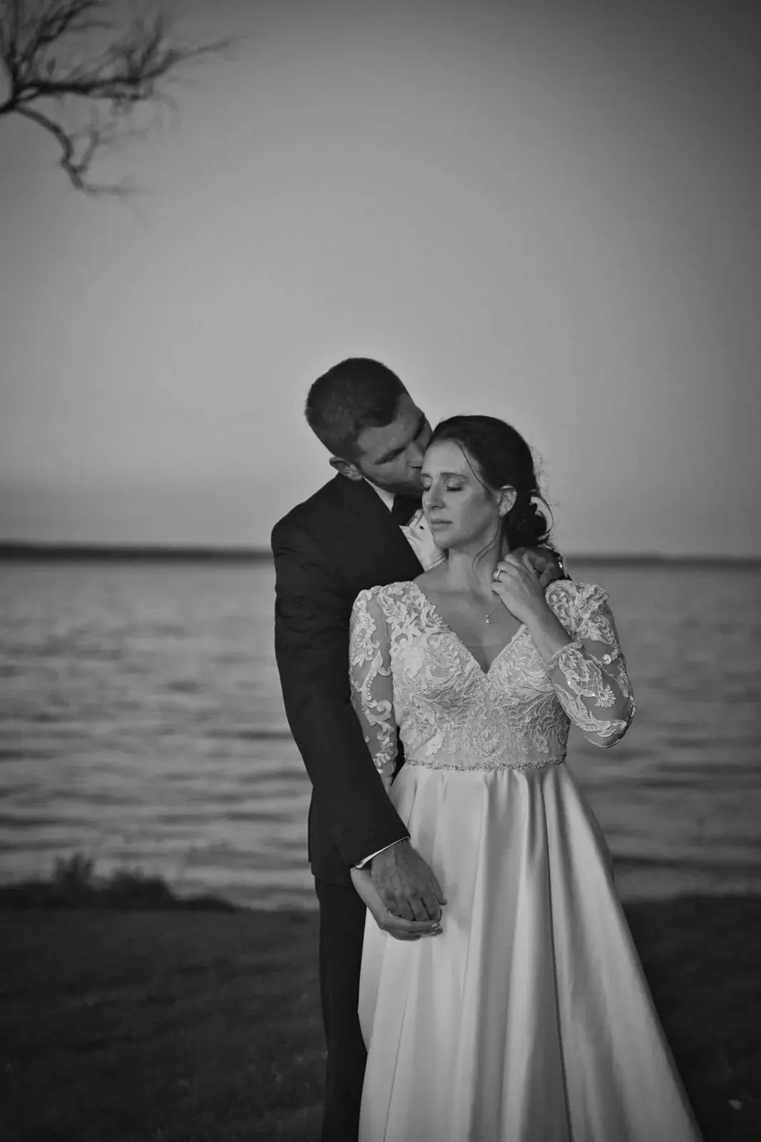 Bride and groom lakeshore in black and white — Claire & Nick's wedding at Howe Marine, Indian River