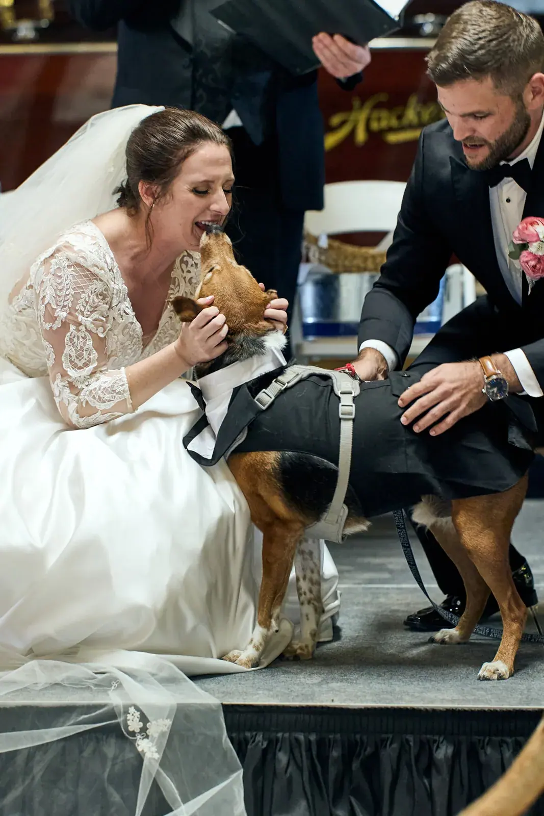 Bride and groom with their dog — Claire & Nick's wedding at Howe Marine, Indian River