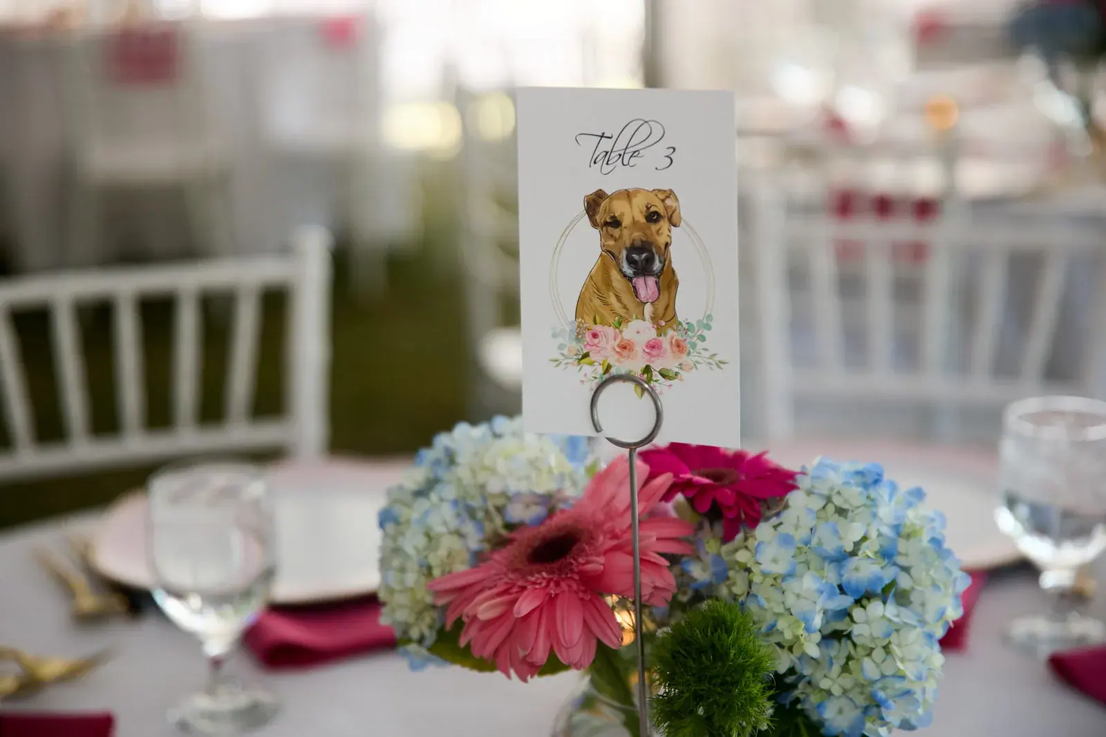 Dog table number detail — Claire & Nick's wedding at Howe Marine, Indian River