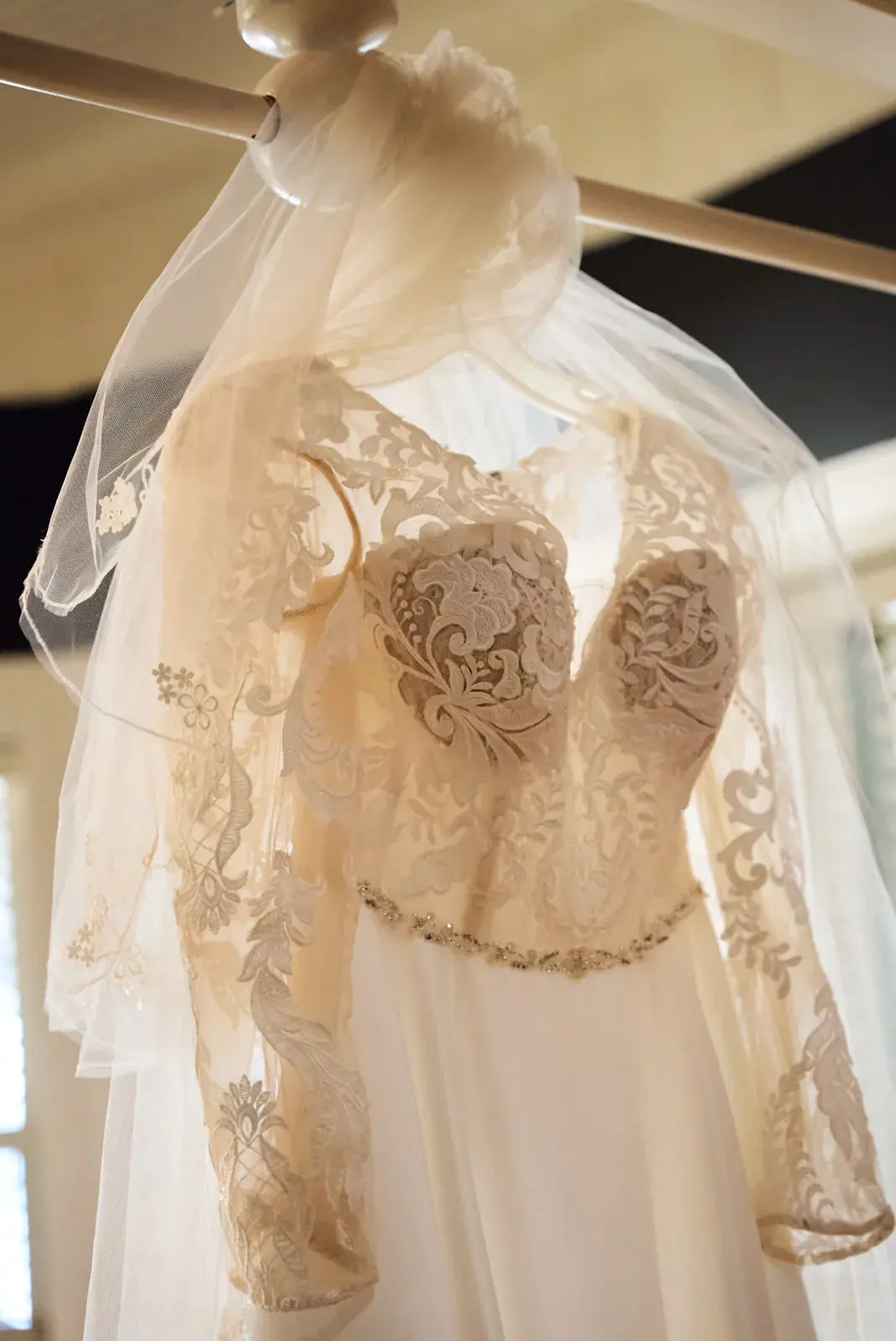 Wedding dress lace bodice detail — Claire & Nick's wedding at Howe Marine, Indian River