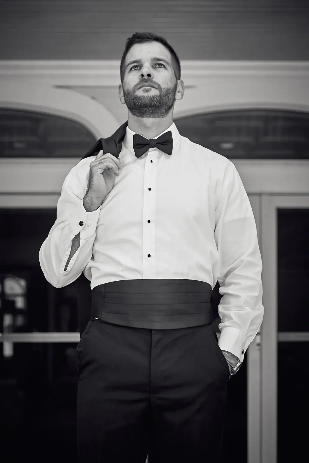 Groom getting ready in black and white — Claire & Nick's wedding at Howe Marine, Indian River