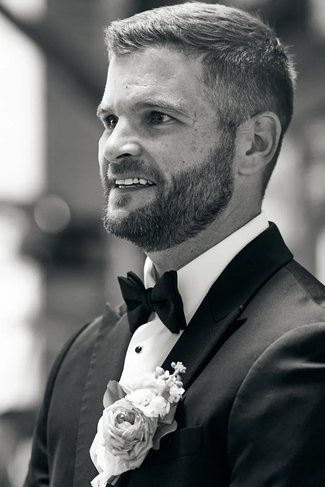 Groom smiling in black and white — Claire & Nick's wedding at Howe Marine, Indian River