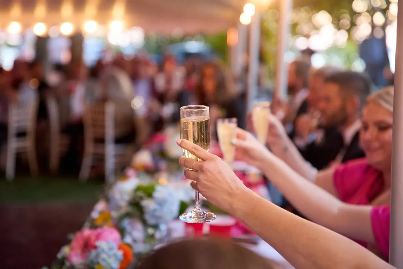 Guests toasting champagne — Claire & Nick's wedding at Howe Marine, Indian River