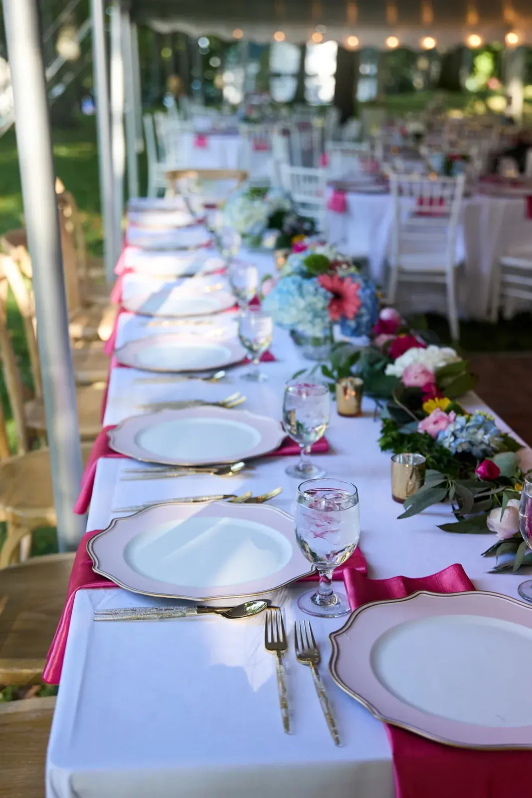 Reception table setting flowers — Claire & Nick's wedding at Howe Marine, Indian River
