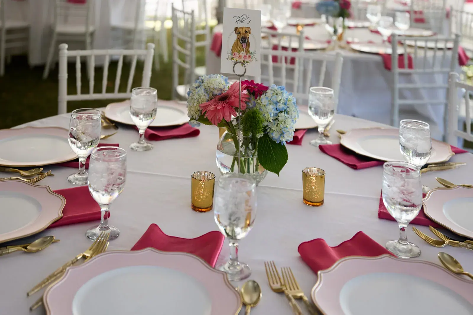 Reception tables pink napkins — Claire & Nick's wedding at Howe Marine, Indian River