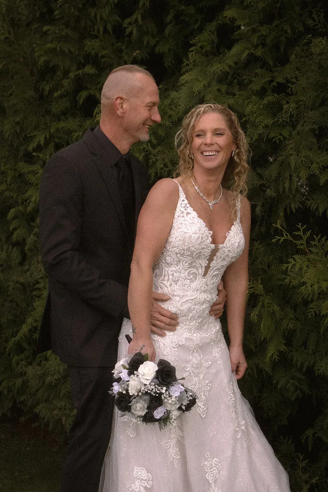 Bride and groom portrait evergreens — Erin & Jim's wedding at Sonshine Barn, Gaylord