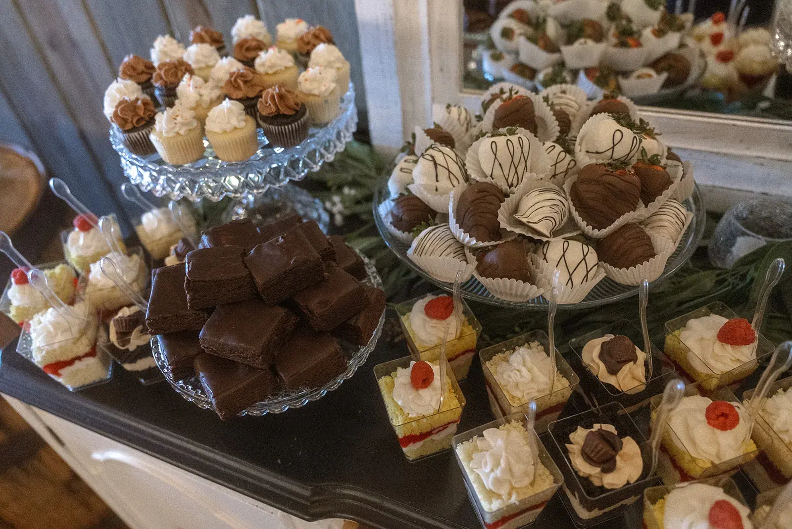 Dessert table brownies cupcakes — Erin & Jim's wedding at Sonshine Barn, Gaylord