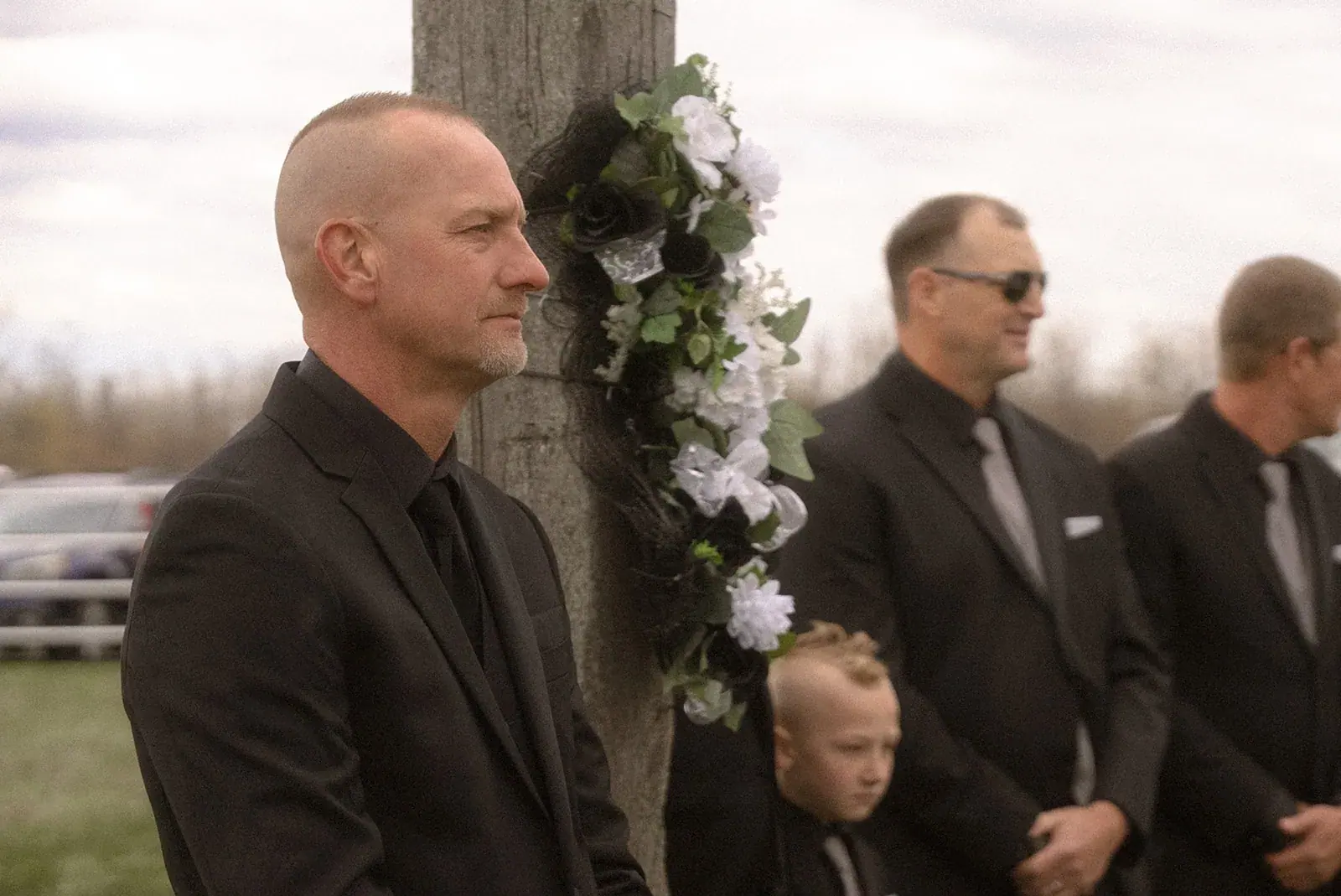 Groom groomsmen waiting ceremony — Erin & Jim's wedding at Sonshine Barn, Gaylord