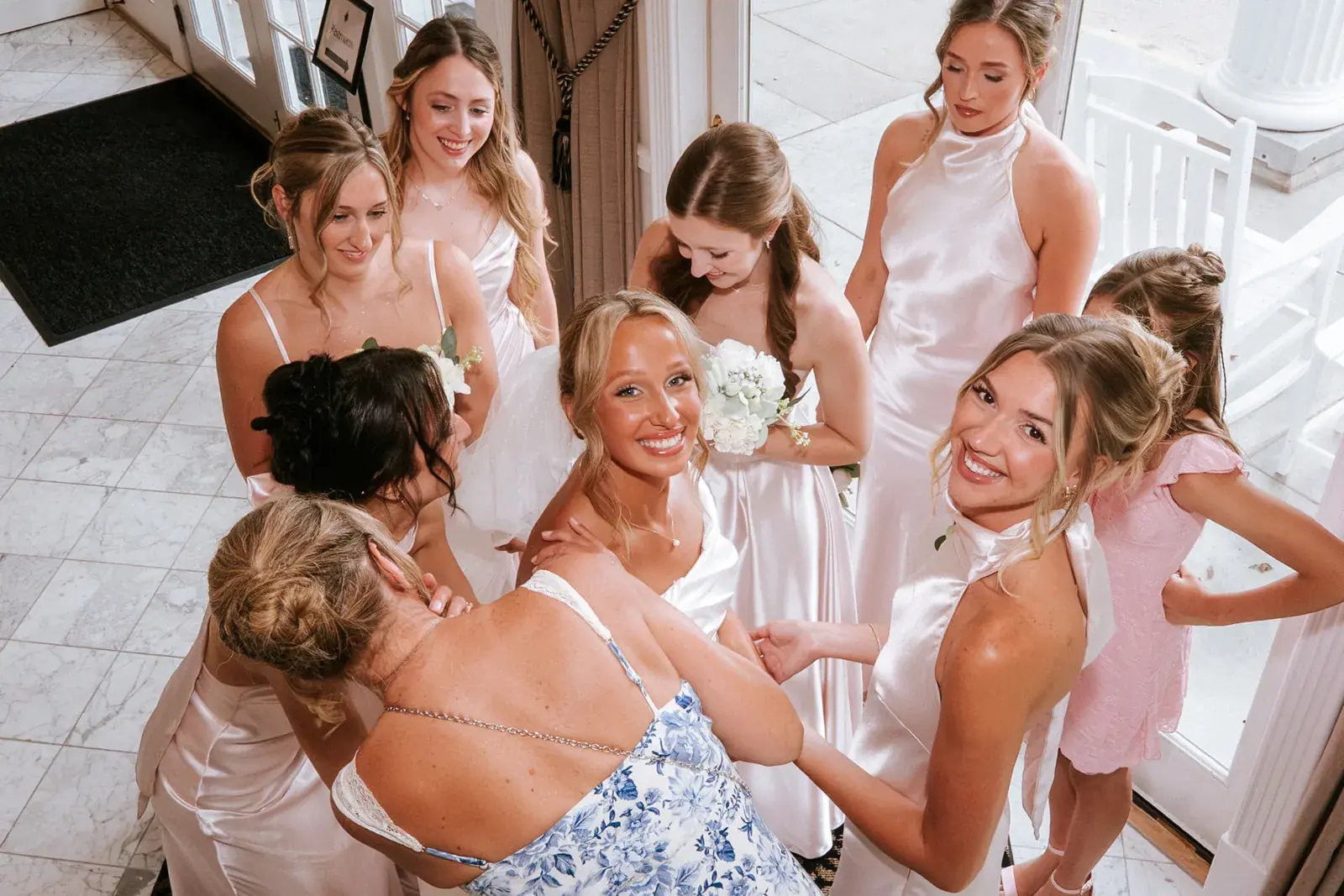 Bride bridesmaids candid laughing — Heather & Evan's wedding at Black Star Farms