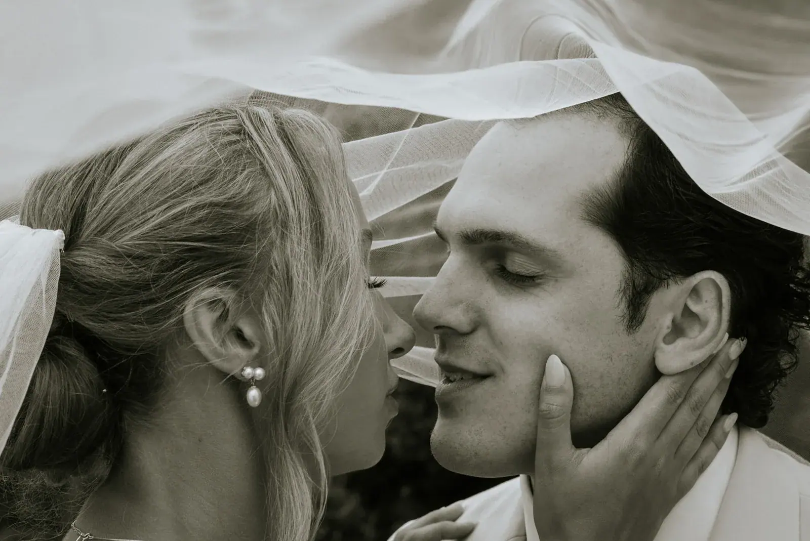 Bride and groom close under veil in black and white — Heather & Evan's wedding at Black Star Farms