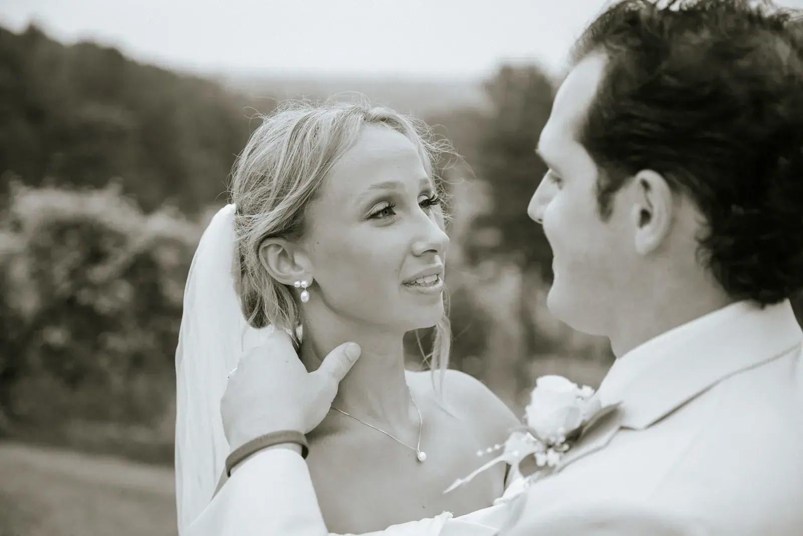 Bride and groom face to face in black and white — Heather & Evan's wedding at Black Star Farms