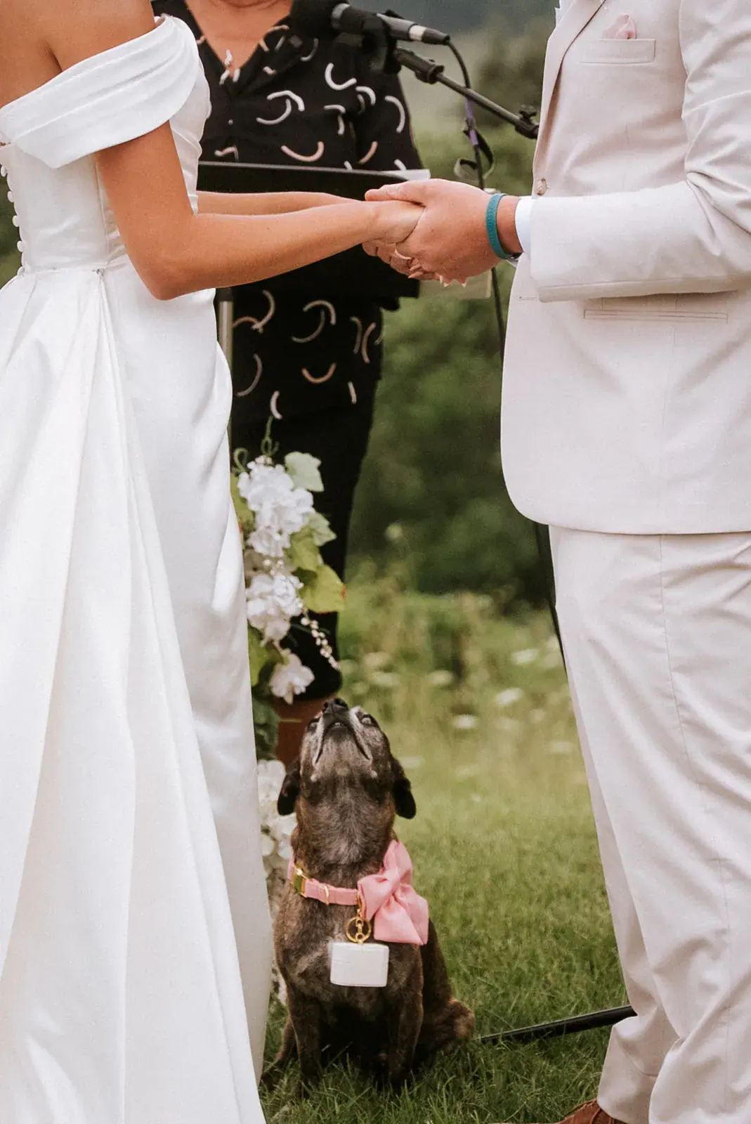 Bride and groom holding hands at the altar, their dog beside them