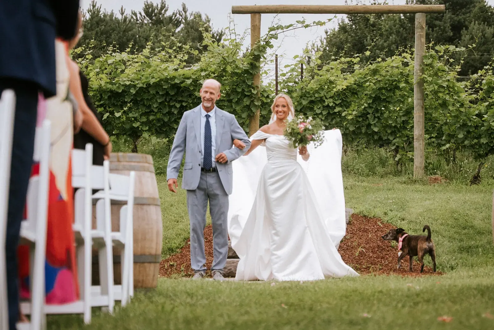 Bride walking aisle vineyard ceremony — Heather & Evan's wedding at Black Star Farms