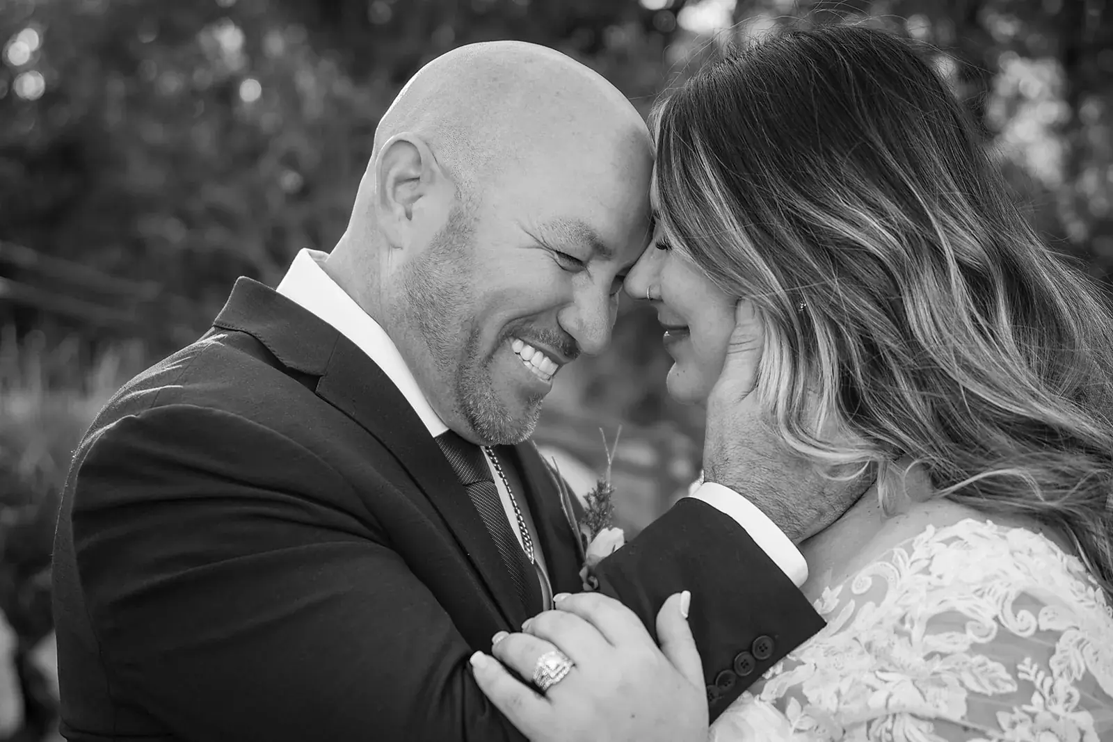 Bride and groom foreheads in black and white — Heather & Jason's wedding at The Manor at Fire Tower Hill, Lewiston