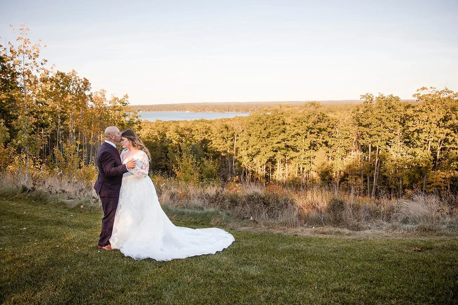 Bride and groom lake overlook sunset — Heather & Jason's wedding at The Manor at Fire Tower Hill, Lewiston