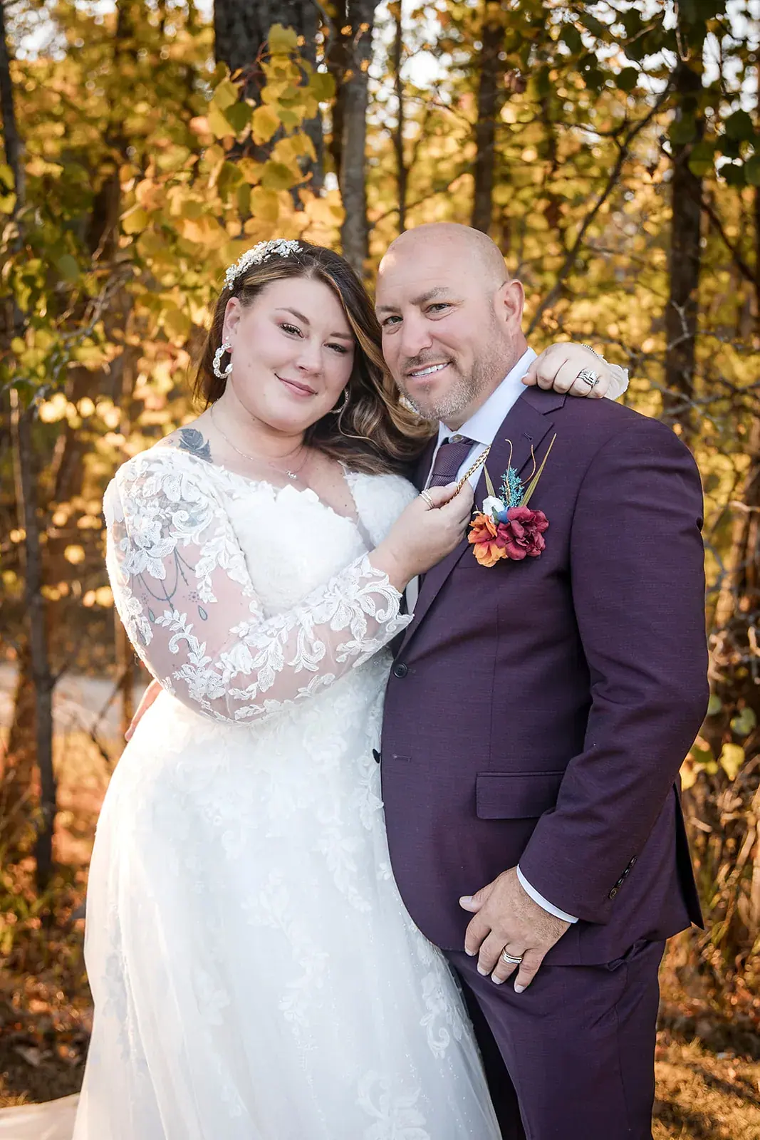 Bride and groom portrait in golden fall light at The Manor at Fire Tower Hill