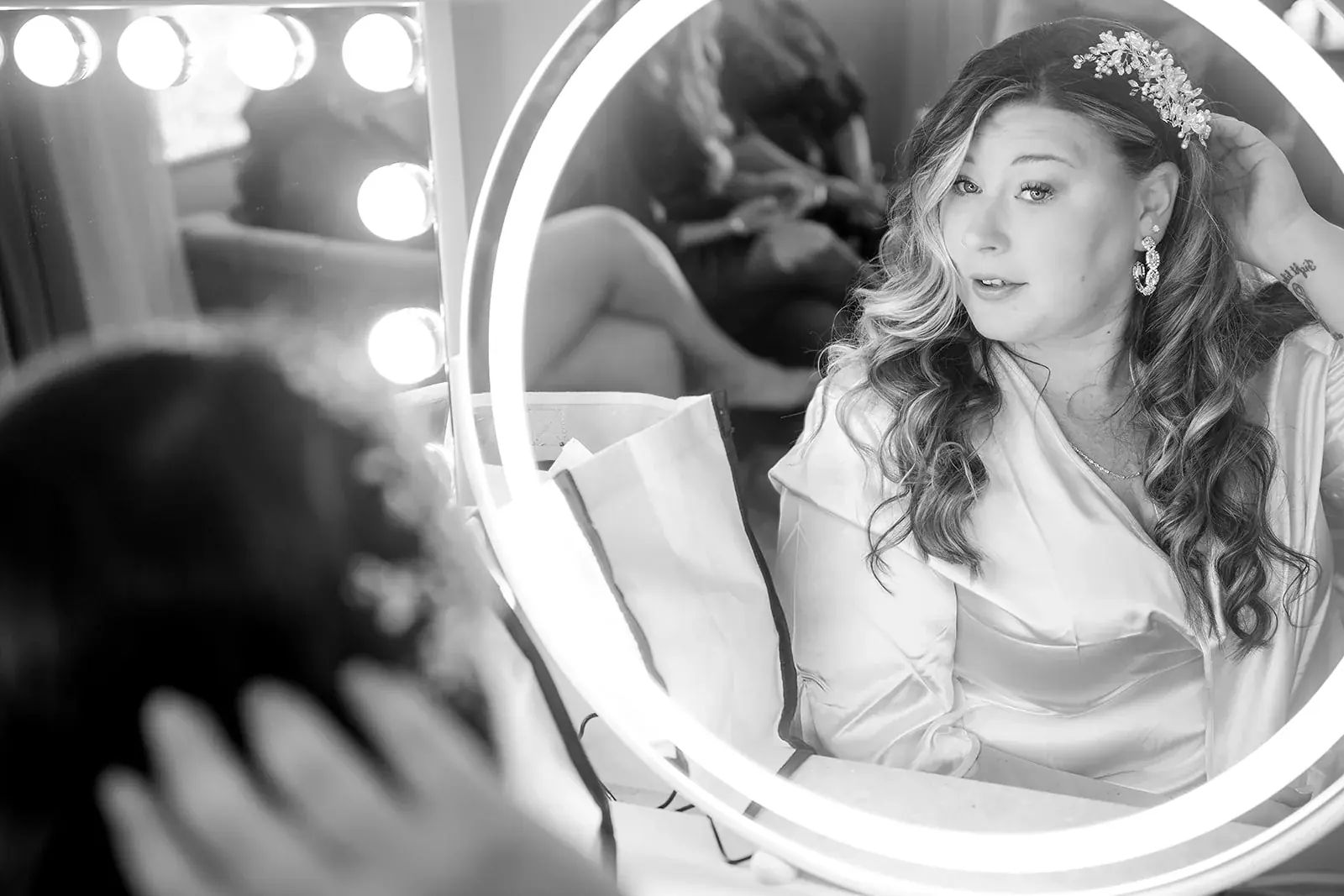 Bride mirror in black and white — Heather & Jason's wedding at The Manor at Fire Tower Hill, Lewiston