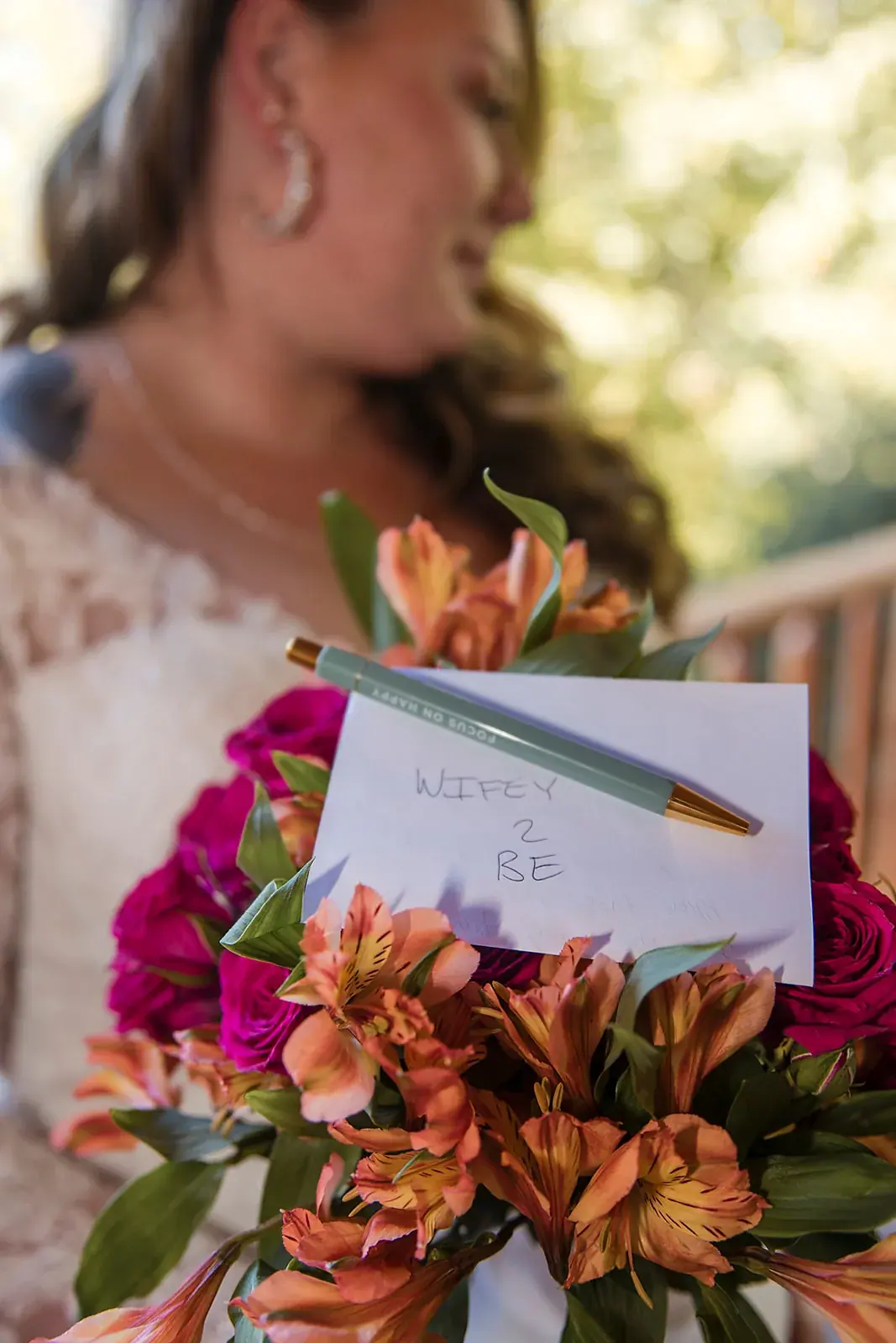 Bride reading card bouquet — Heather & Jason's wedding at The Manor at Fire Tower Hill, Lewiston
