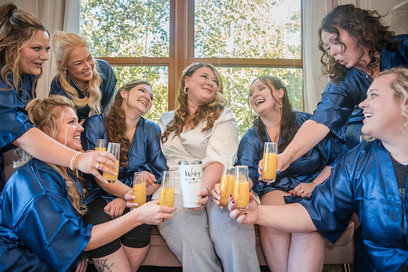 Bridesmaids mimosa toast — Heather & Jason's wedding at The Manor at Fire Tower Hill, Lewiston