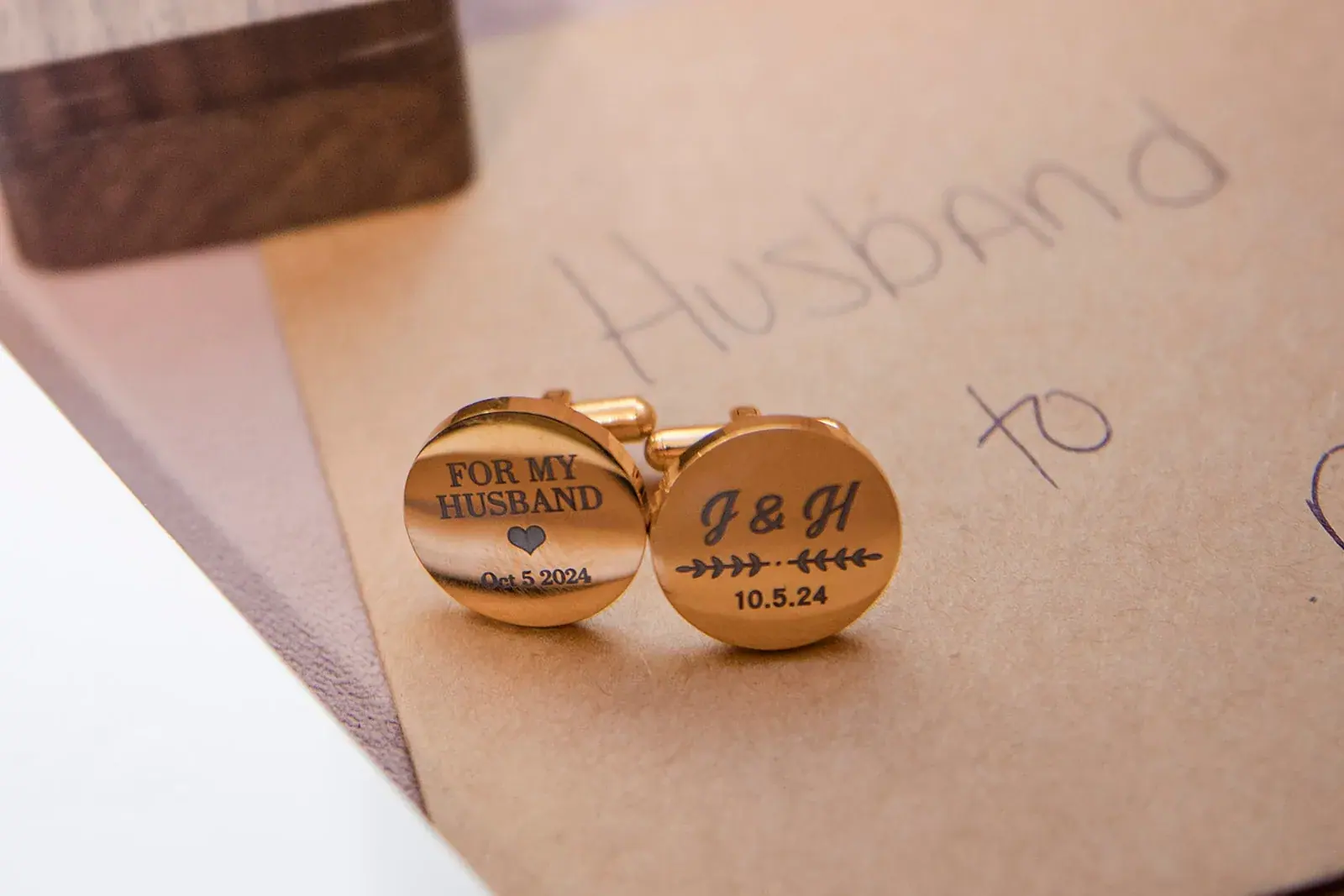 Engraved cufflinks detail — Heather & Jason's wedding at The Manor at Fire Tower Hill, Lewiston