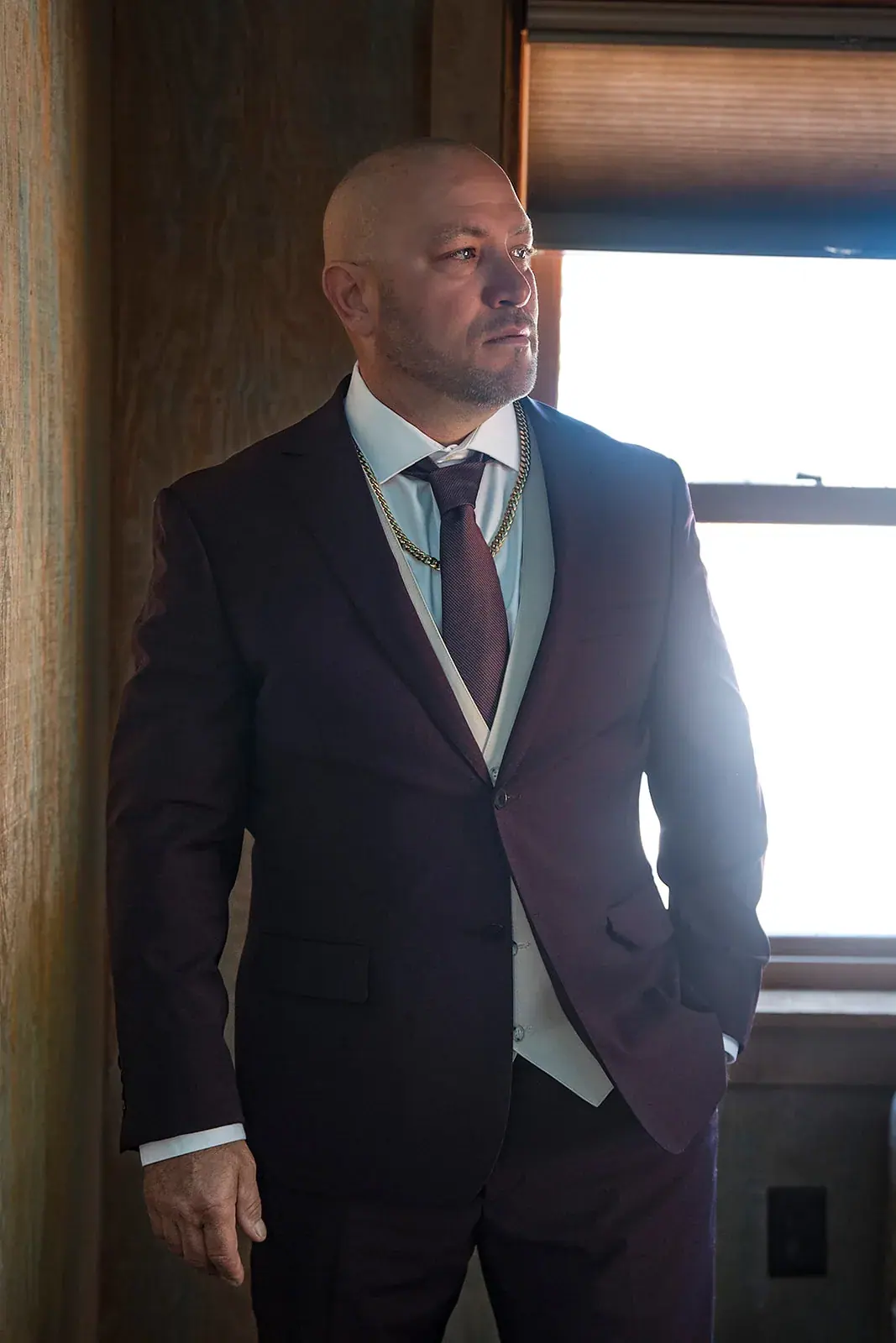 Groom portrait window light — Heather & Jason's wedding at The Manor at Fire Tower Hill, Lewiston