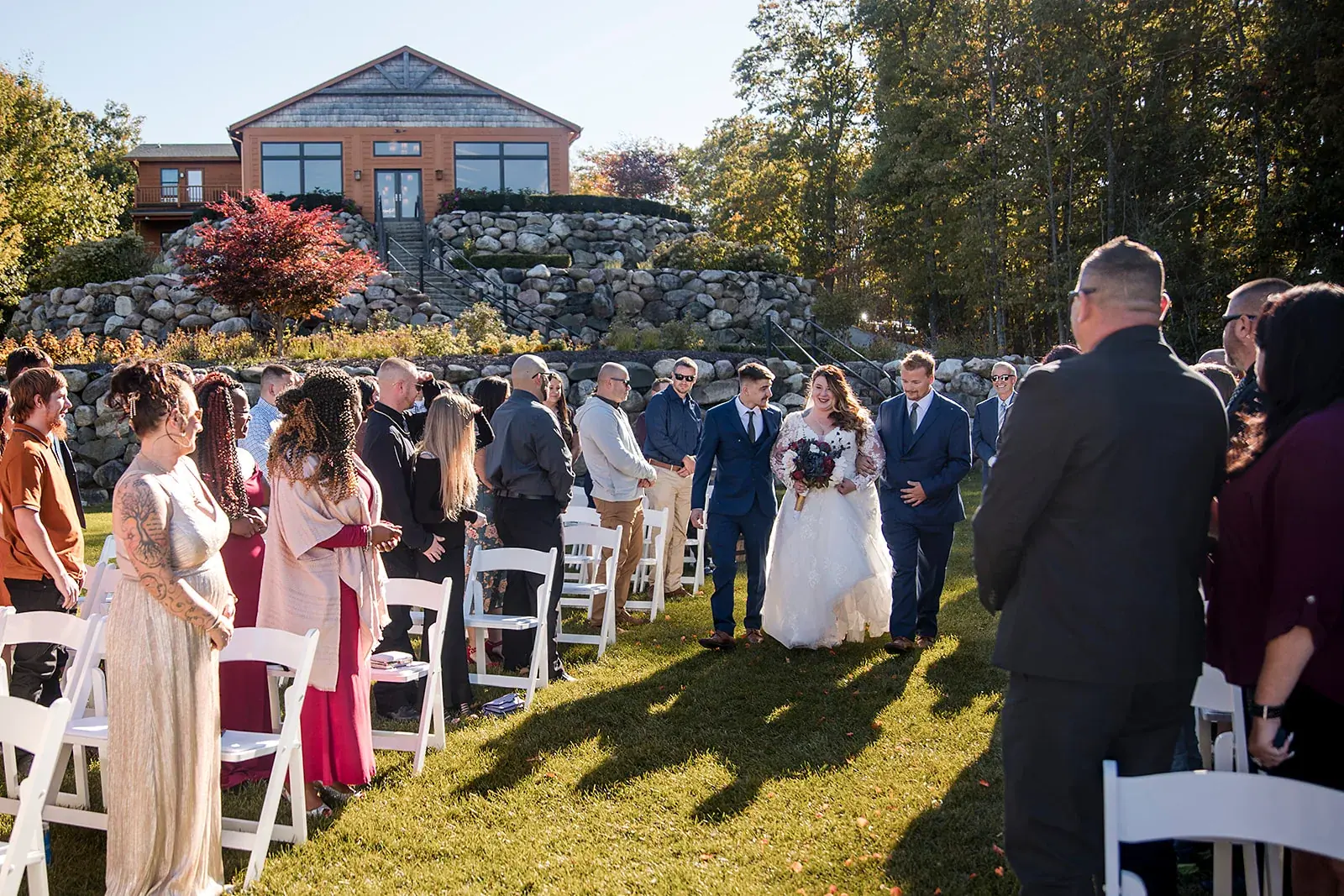 Groom waiting aisle guests — Heather & Jason's wedding at The Manor at Fire Tower Hill, Lewiston
