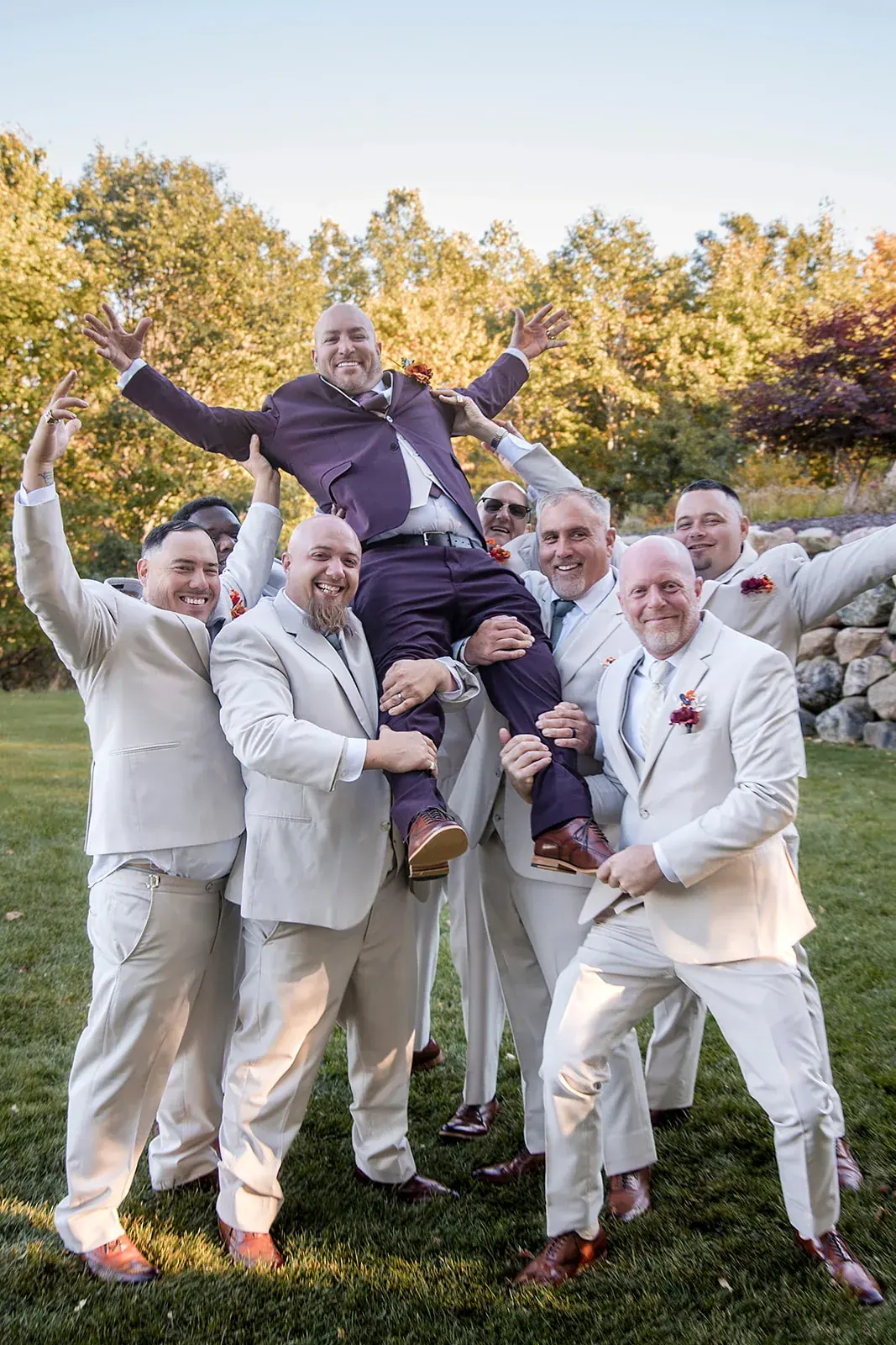 Groomsmen lifting groom — Heather & Jason's wedding at The Manor at Fire Tower Hill, Lewiston