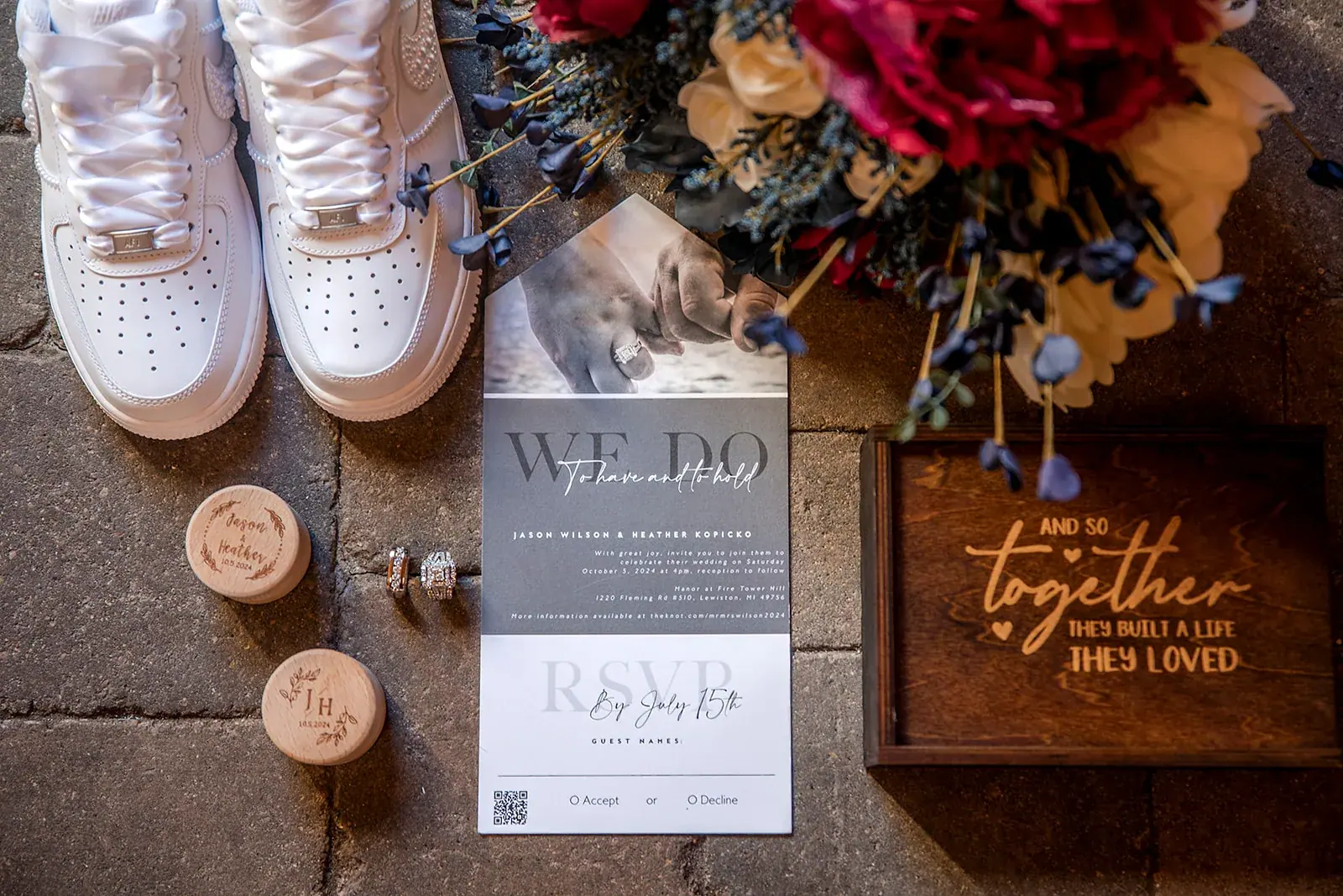 Invitation sneakers flowers flatlay — Heather & Jason's wedding at The Manor at Fire Tower Hill, Lewiston