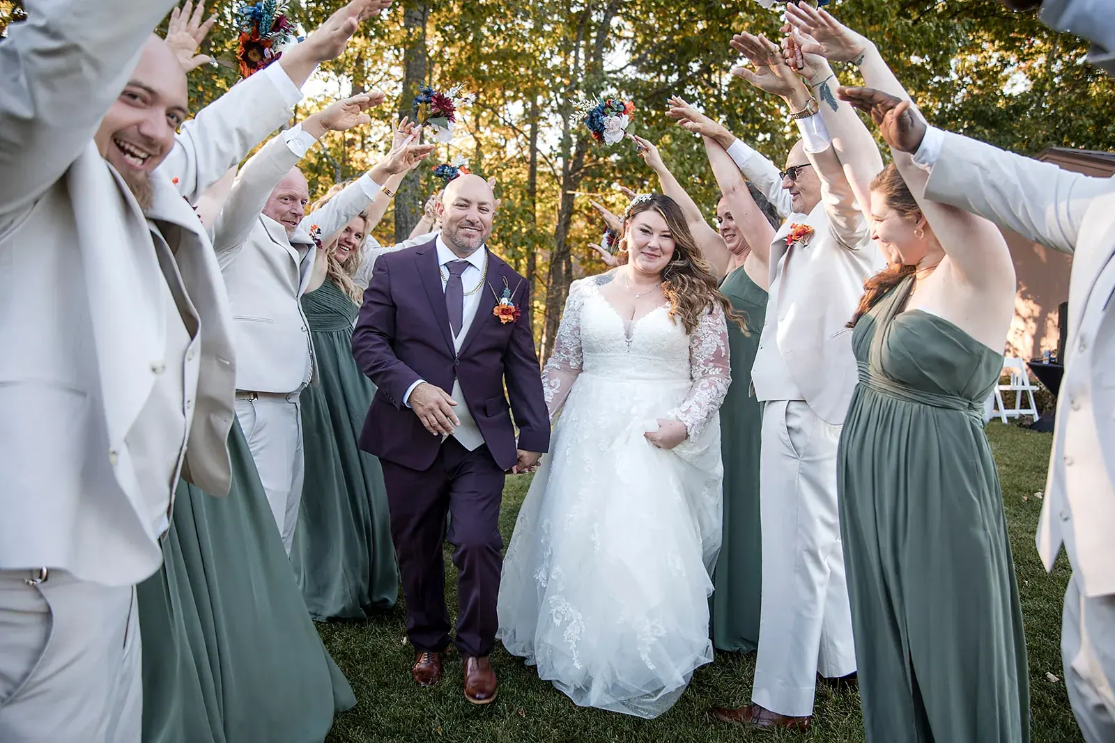 Wedding party arms raised — Heather & Jason's wedding at The Manor at Fire Tower Hill, Lewiston