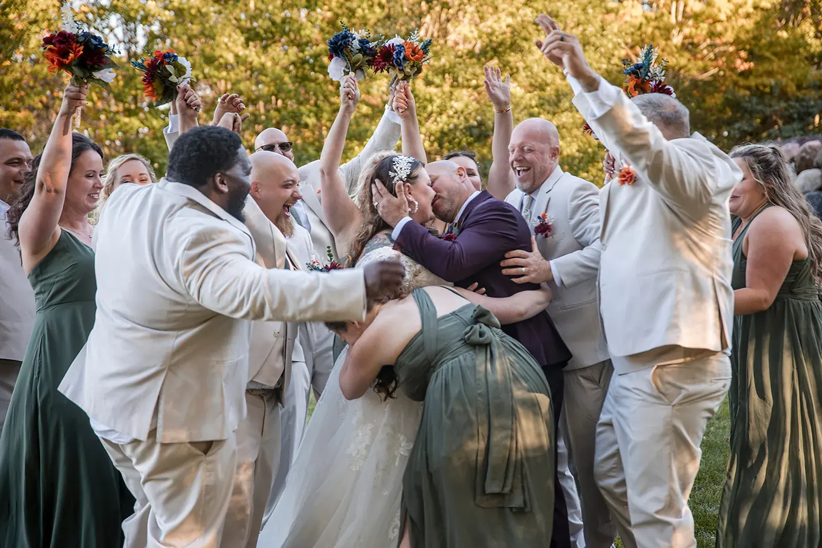 Wedding party celebrating fall — Heather & Jason's wedding at The Manor at Fire Tower Hill, Lewiston