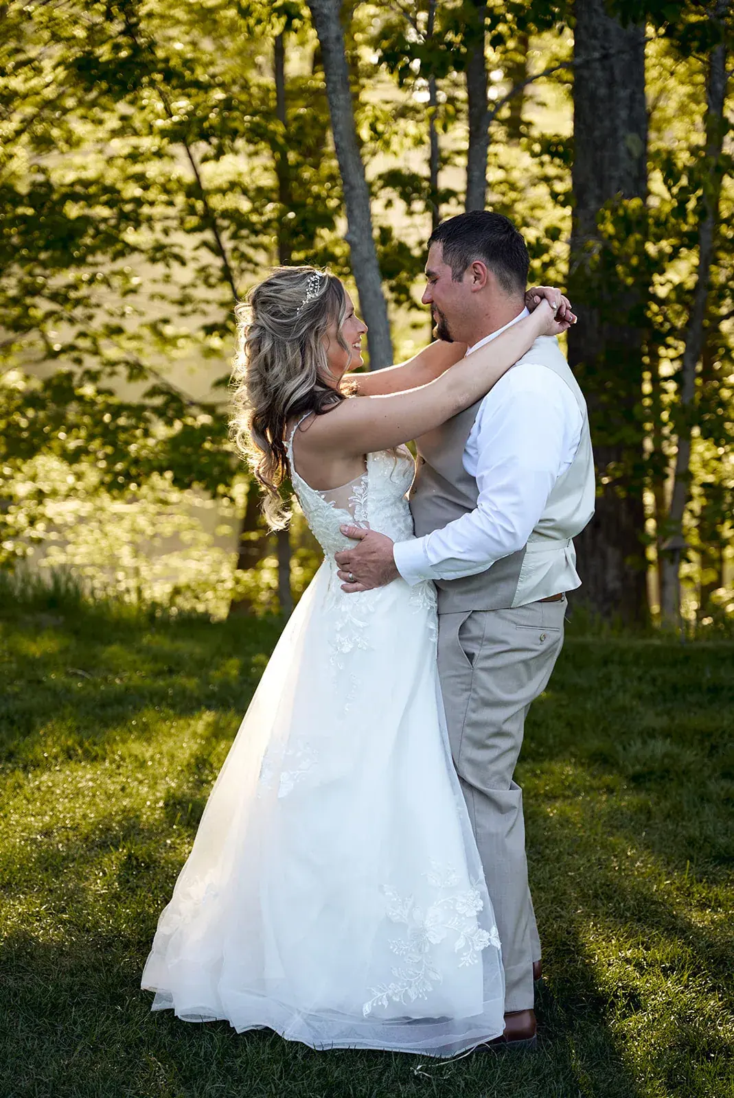 Bride and groom twirl woods — Jess & Bryce's wedding at The Manor at Fire Tower Hill, Lewiston