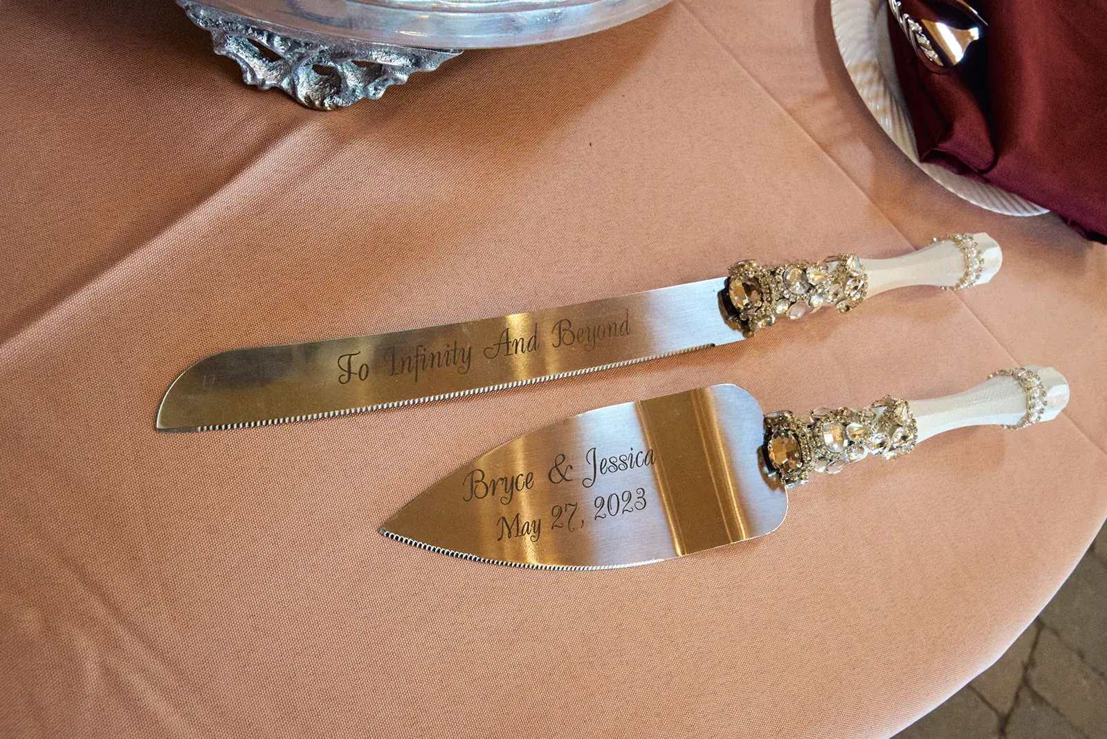 Cake knife server detail — Jess & Bryce's wedding at The Manor at Fire Tower Hill, Lewiston