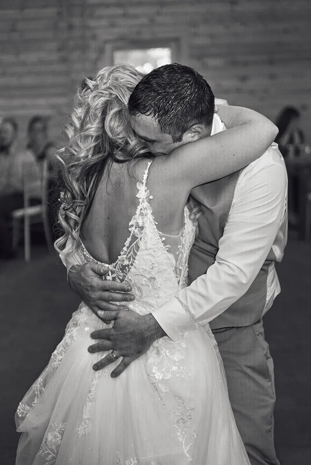 First dance embrace in black and white — Jess & Bryce's wedding at The Manor at Fire Tower Hill, Lewiston